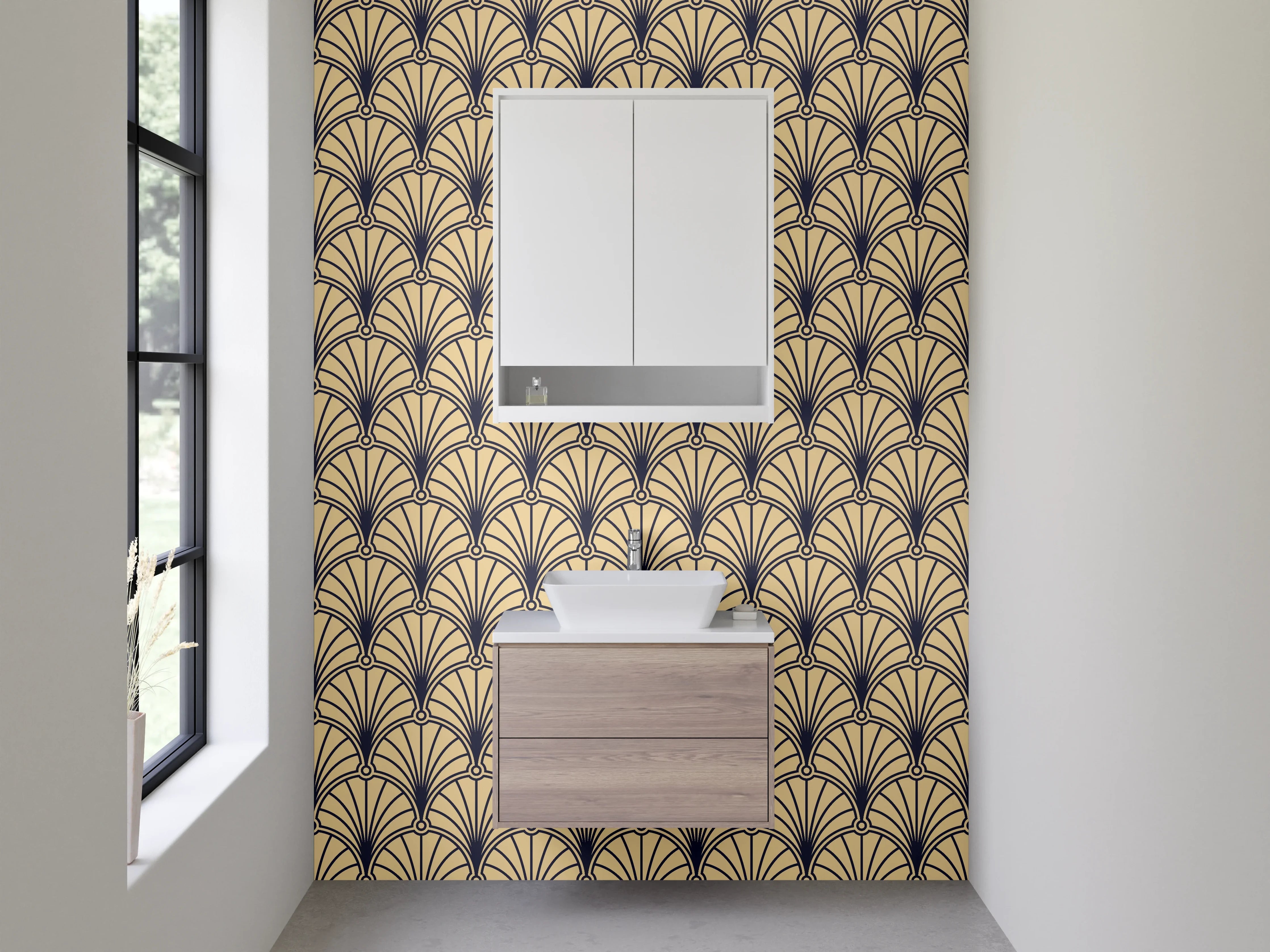 Waschbecken-Rückwand - Art Deco Fächer Muster Beige Gold