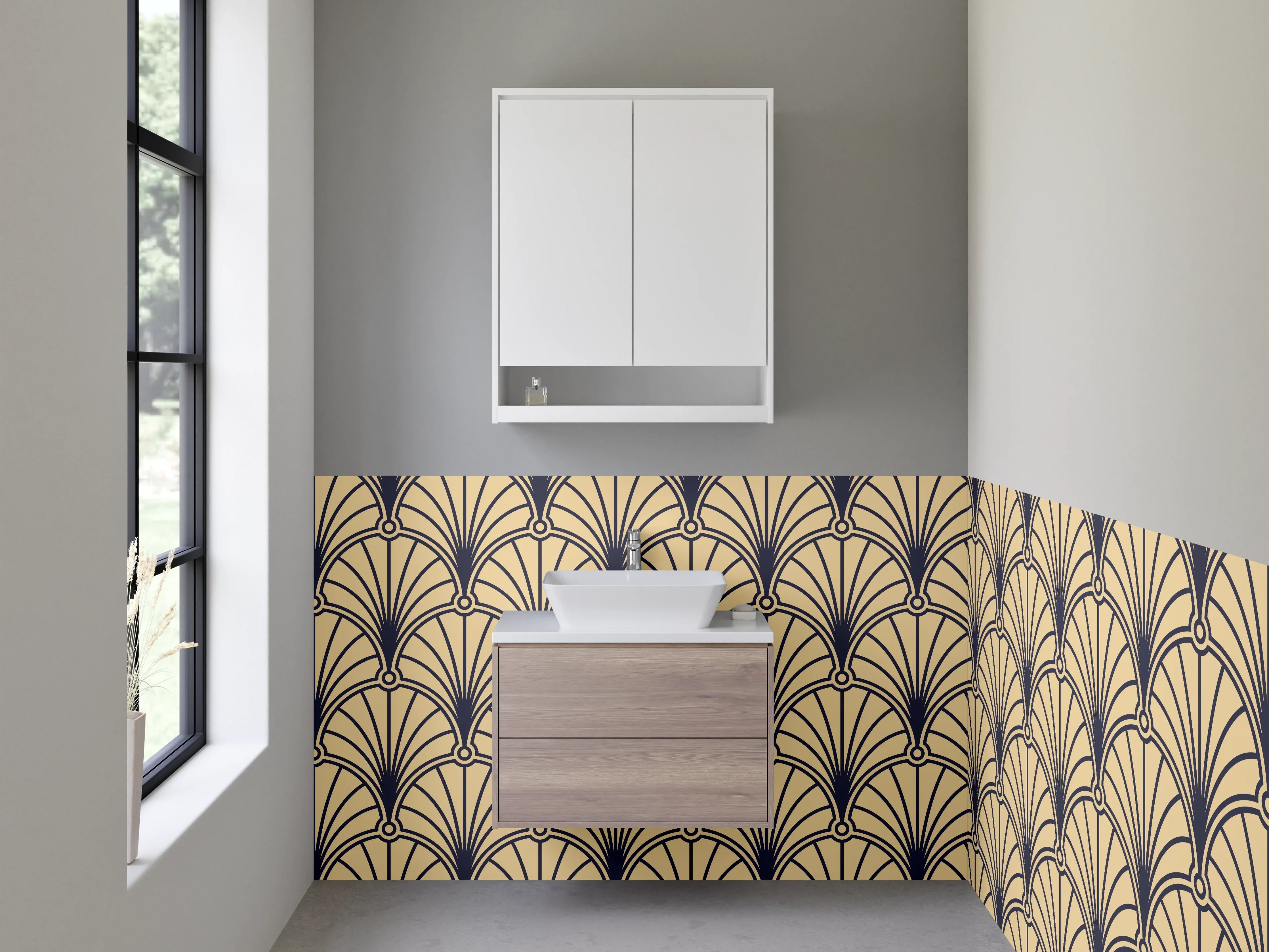 Waschbecken-Rückwand - Art Deco Fächer Muster Beige Gold