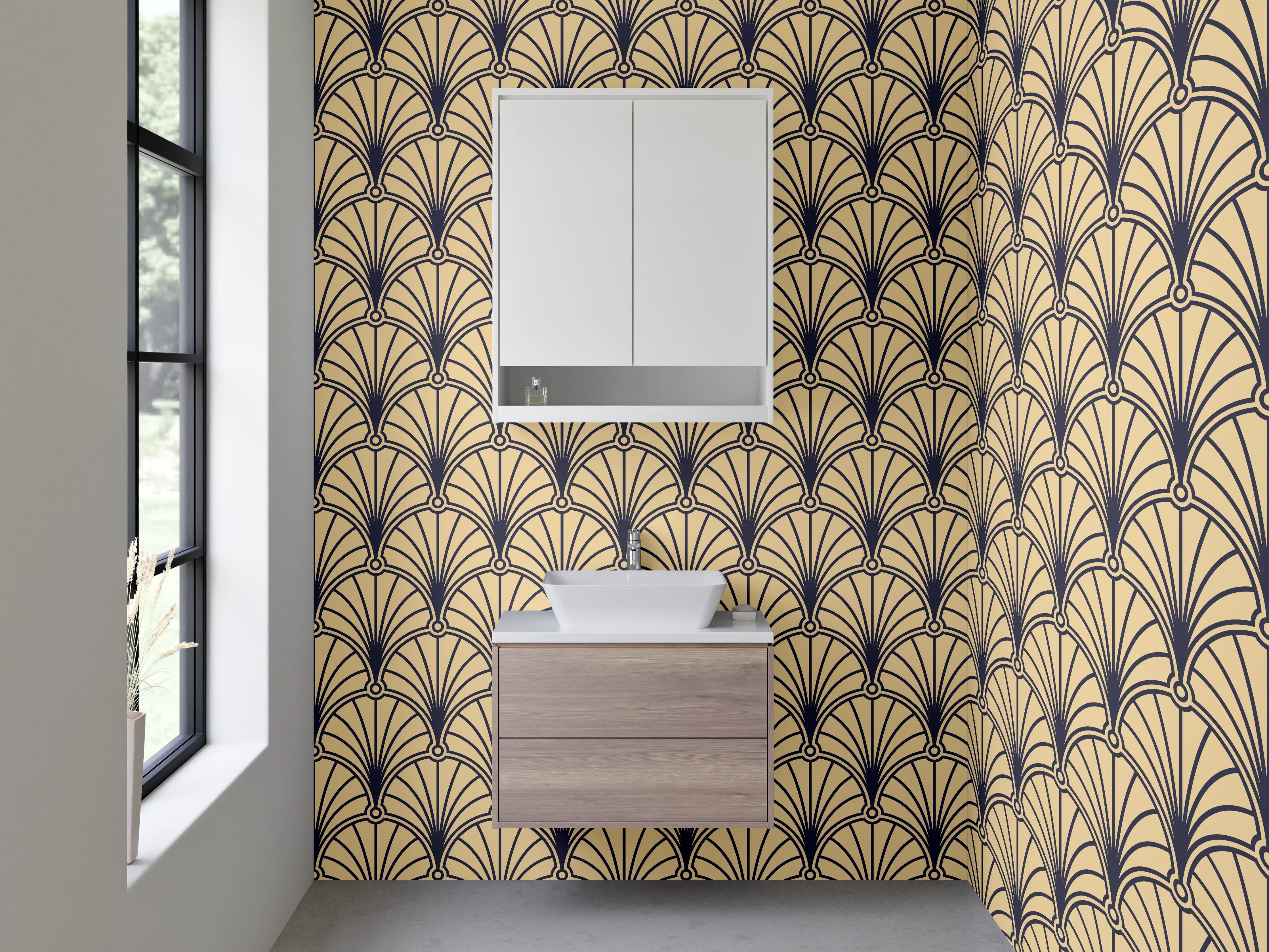 Waschbecken-Rückwand - Art Deco Fächer Muster Beige Gold