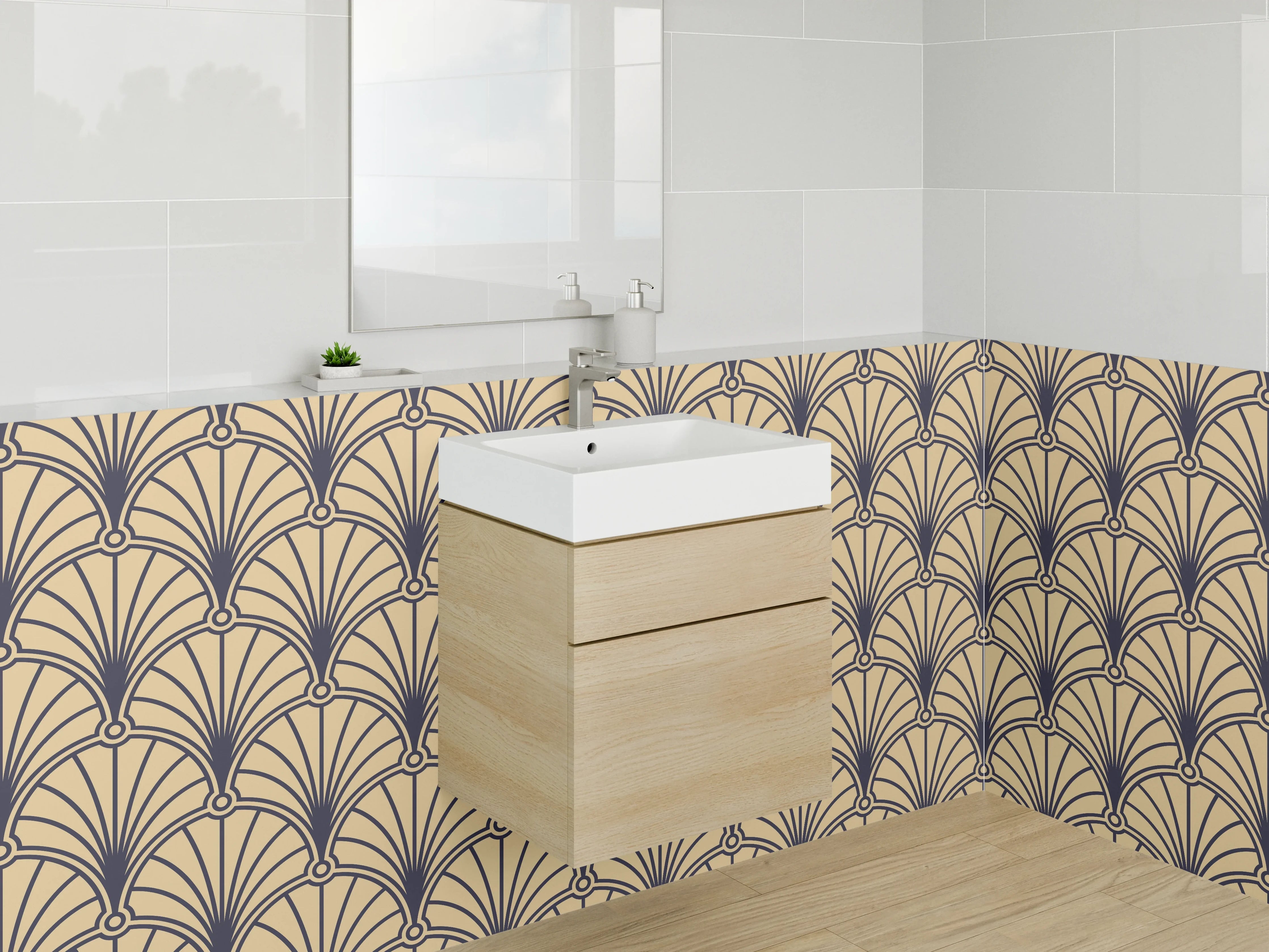 Waschbecken-Rückwand - Art Deco Fächer Muster Beige Gold