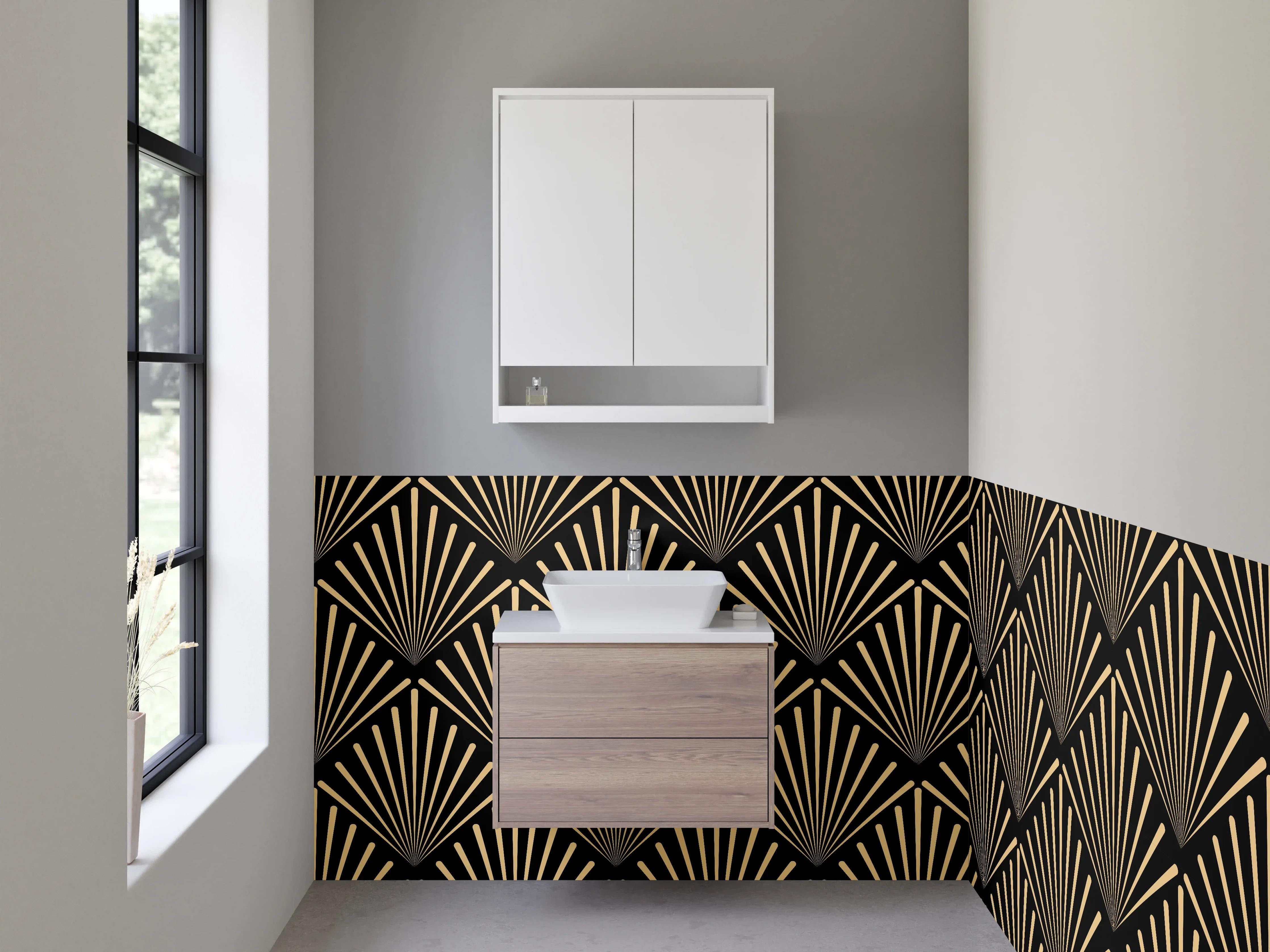 Waschbecken-Rückwand - Art Déco Fächer Muster Gold Schwarz