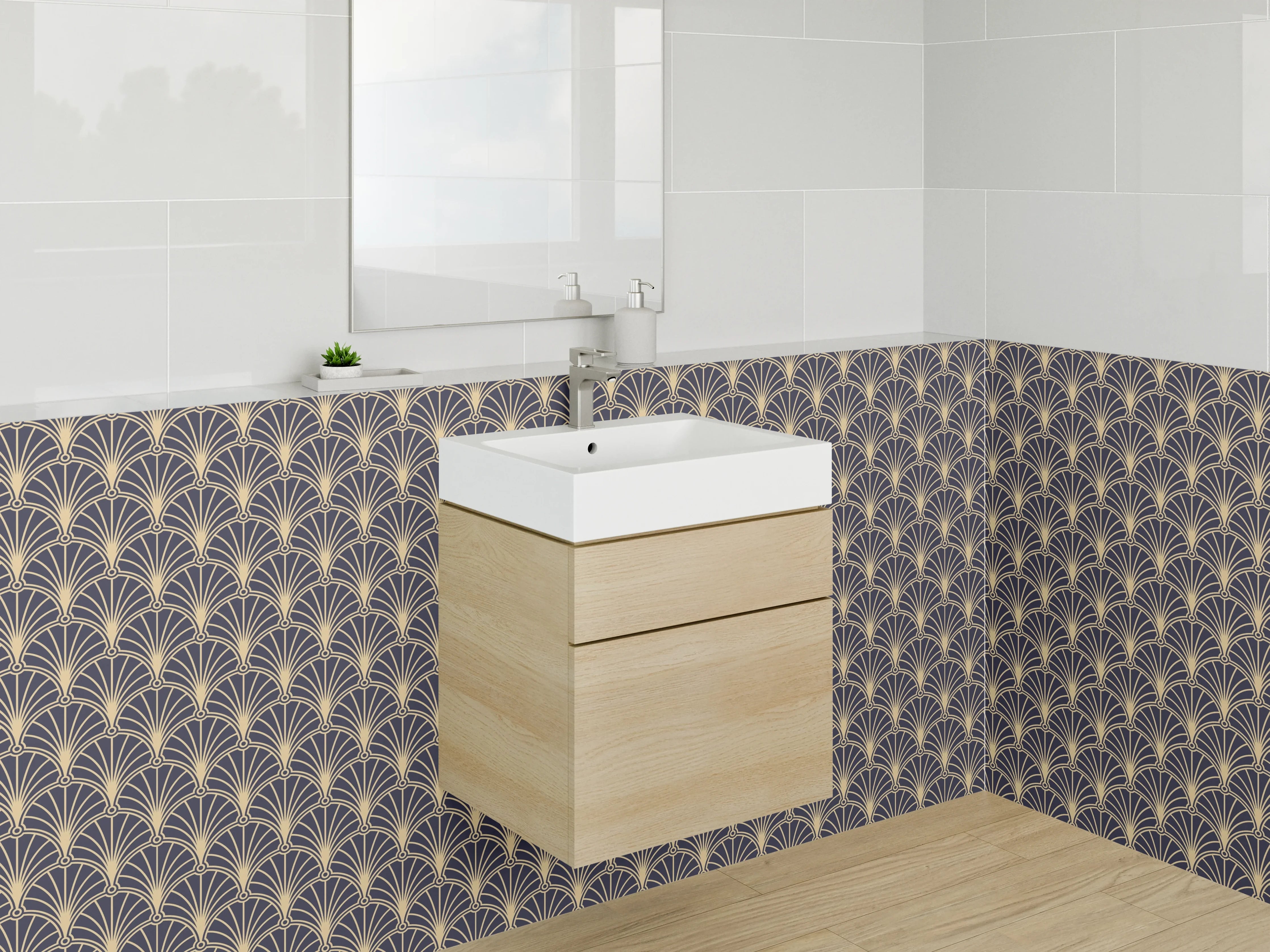 Waschbecken-Rückwand - Art Deco Muster Retro Blau Beige