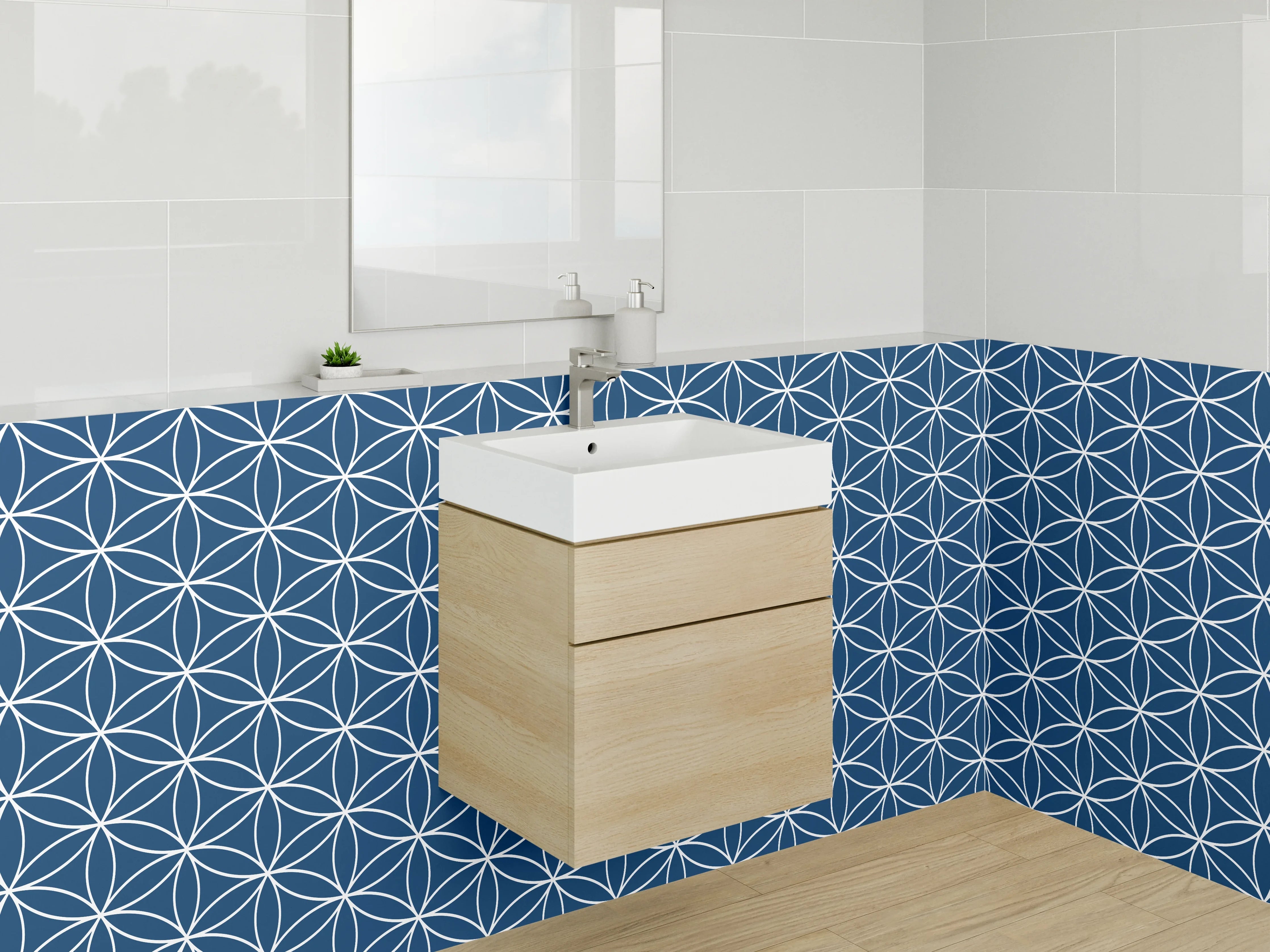 Waschbecken-Rückwand - Asanoha Geometrie in Blau Grau Weiß