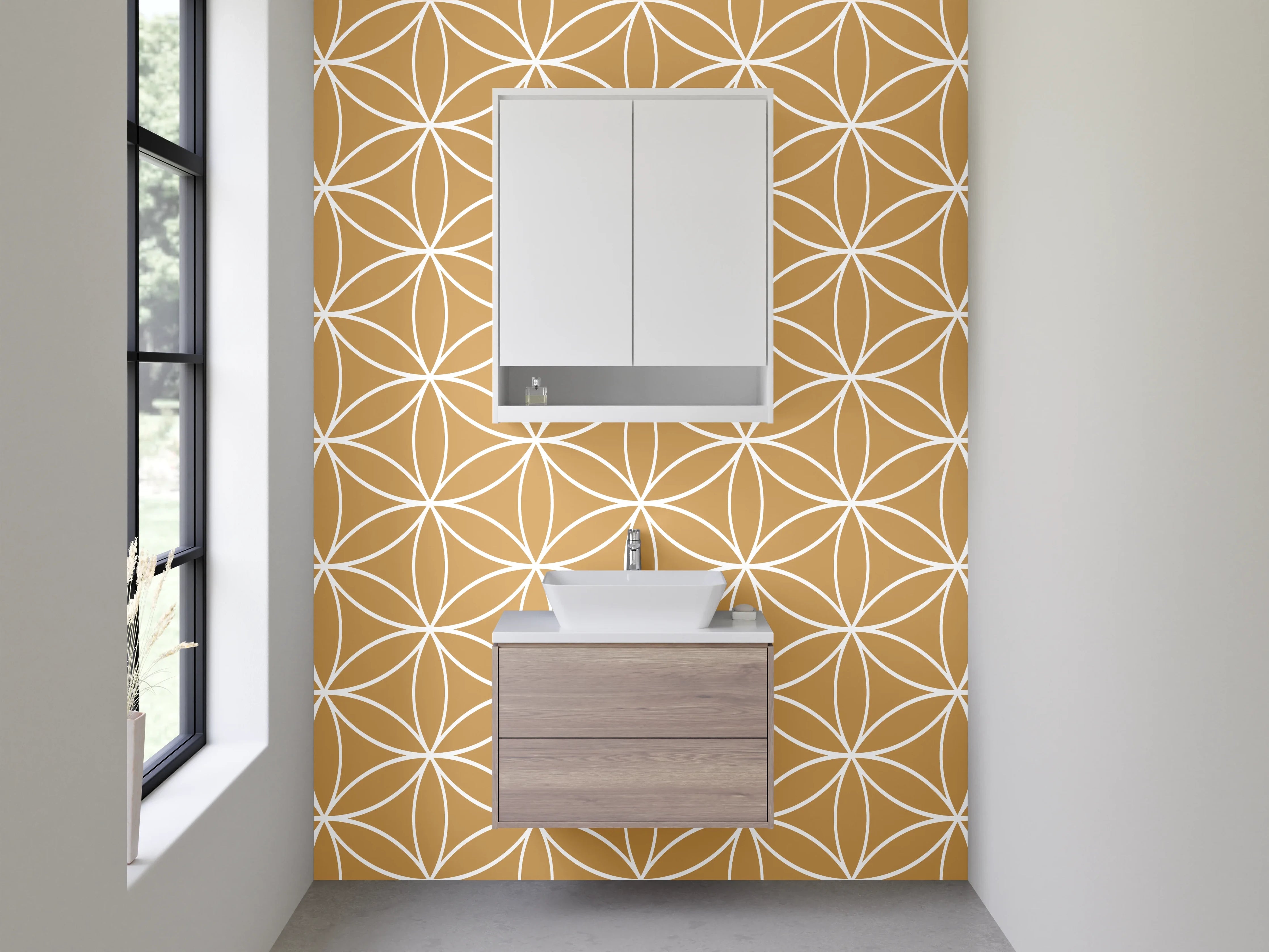 Waschbecken-Rückwand - Asanoha Muster Grau-Beige Eleganz