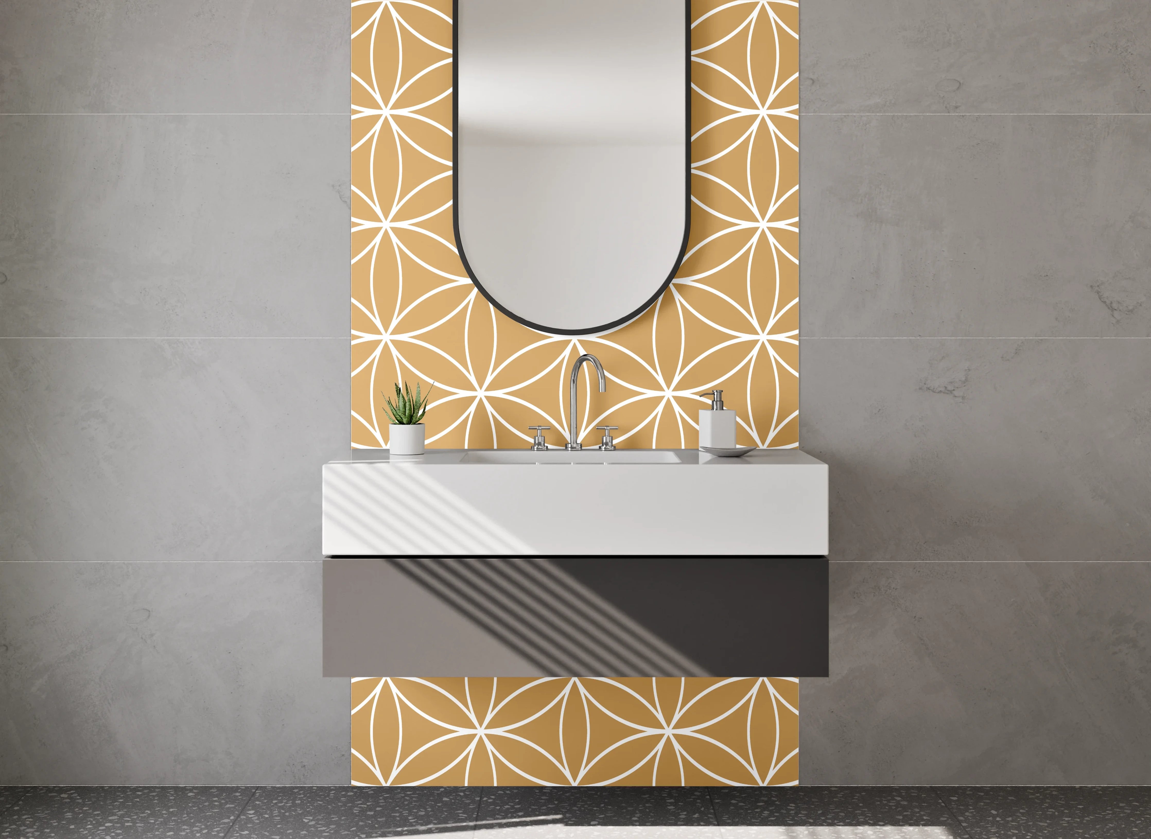 Waschbecken-Rückwand - Asanoha Muster Grau-Beige Eleganz