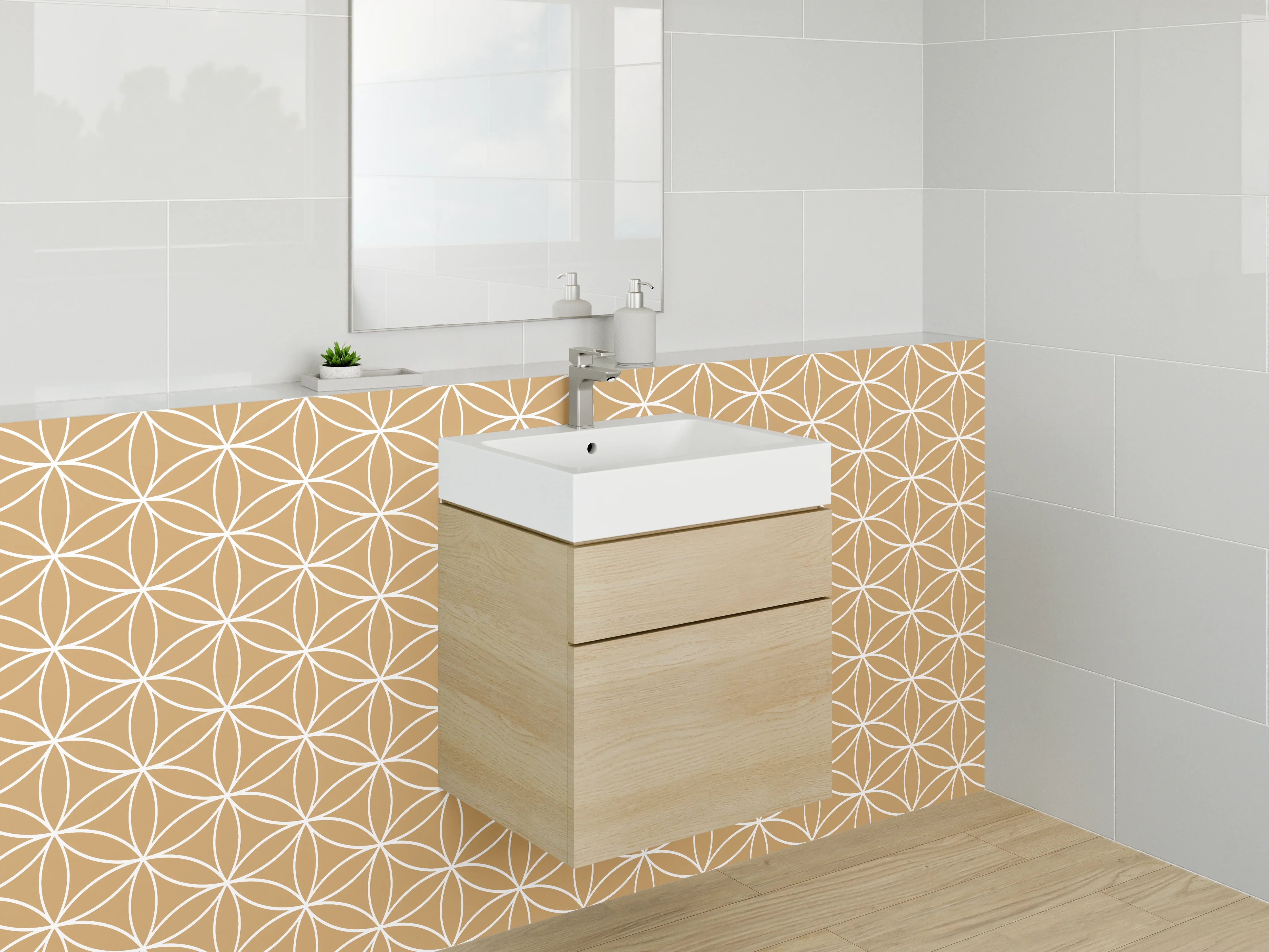 Waschbecken-Rückwand - Asanoha Muster Grau-Beige Eleganz