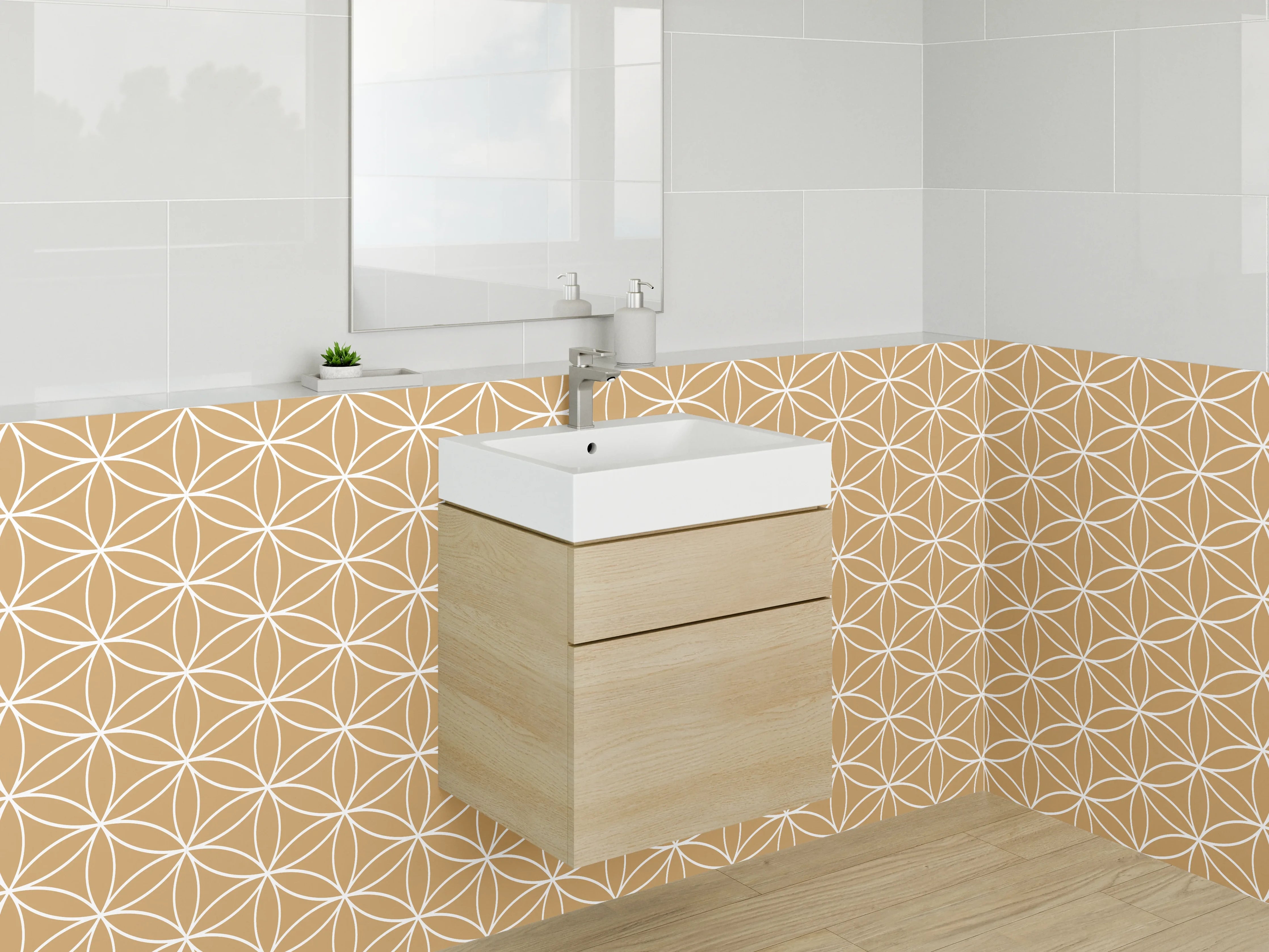 Waschbecken-Rückwand - Asanoha Muster Grau-Beige Eleganz
