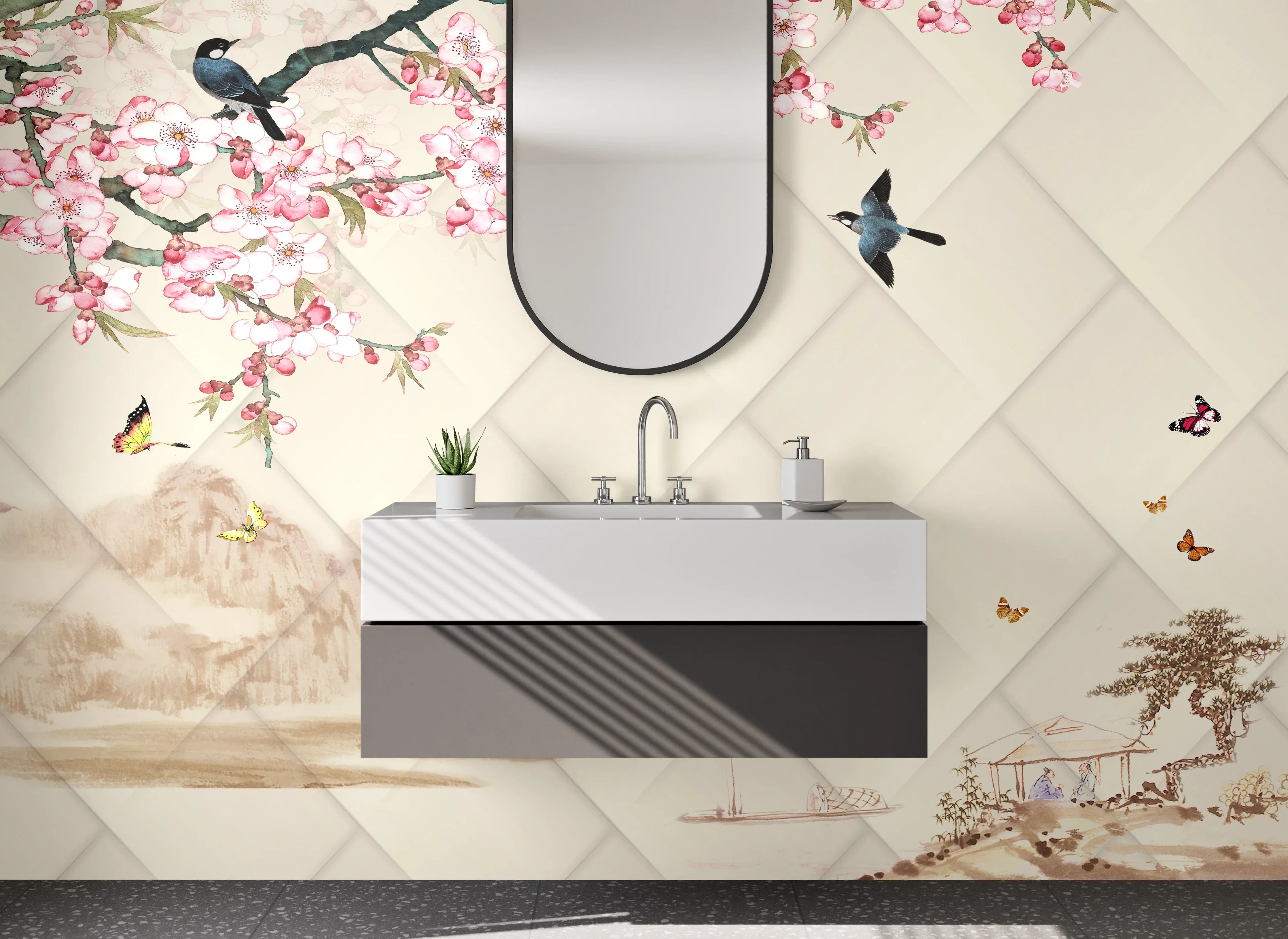 Waschbecken-Rückwand - Asiatische Kirschblüten-Malerei Wandbild