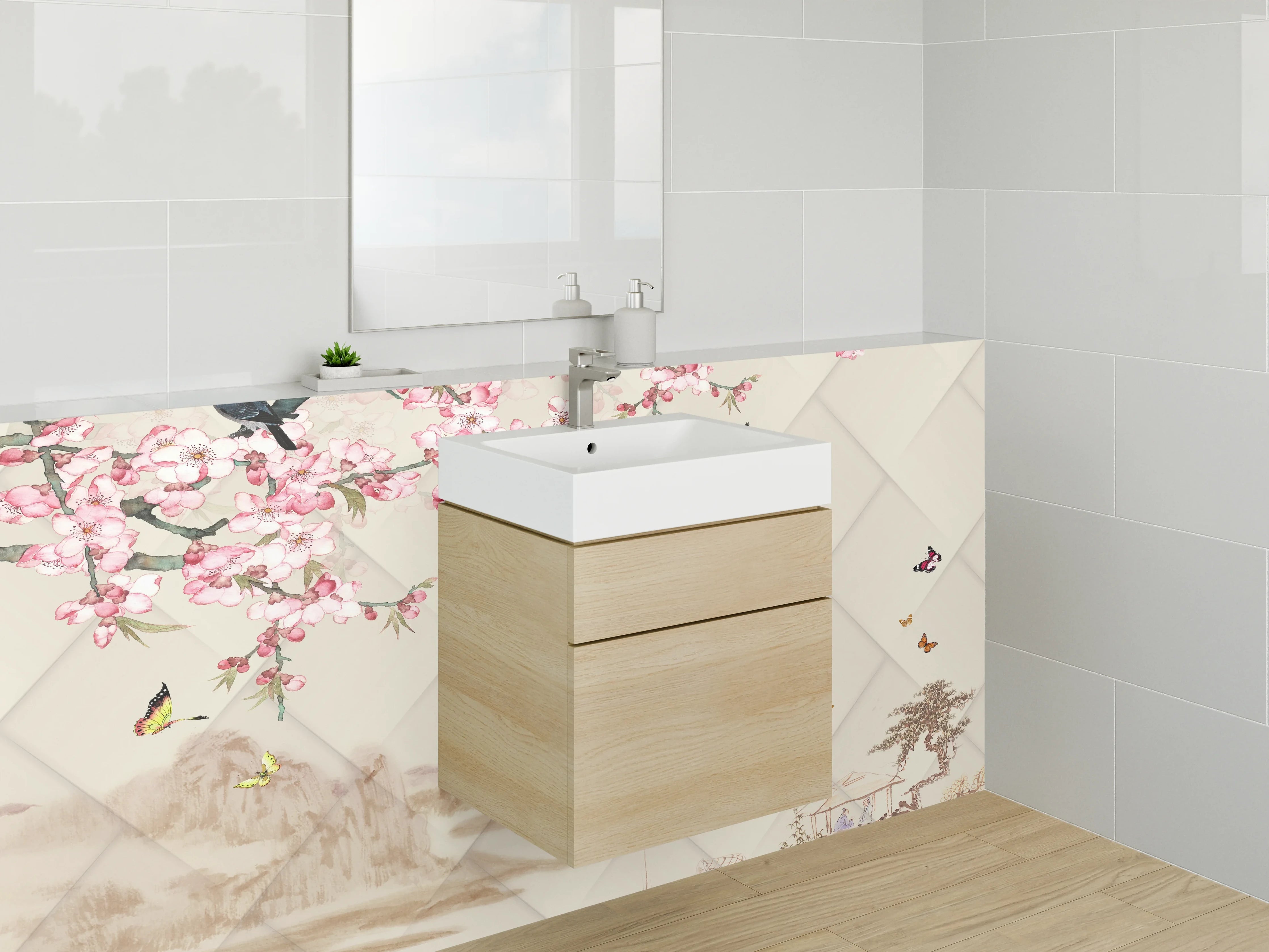 Waschbecken-Rückwand - Asiatische Kirschblüten-Malerei Wandbild