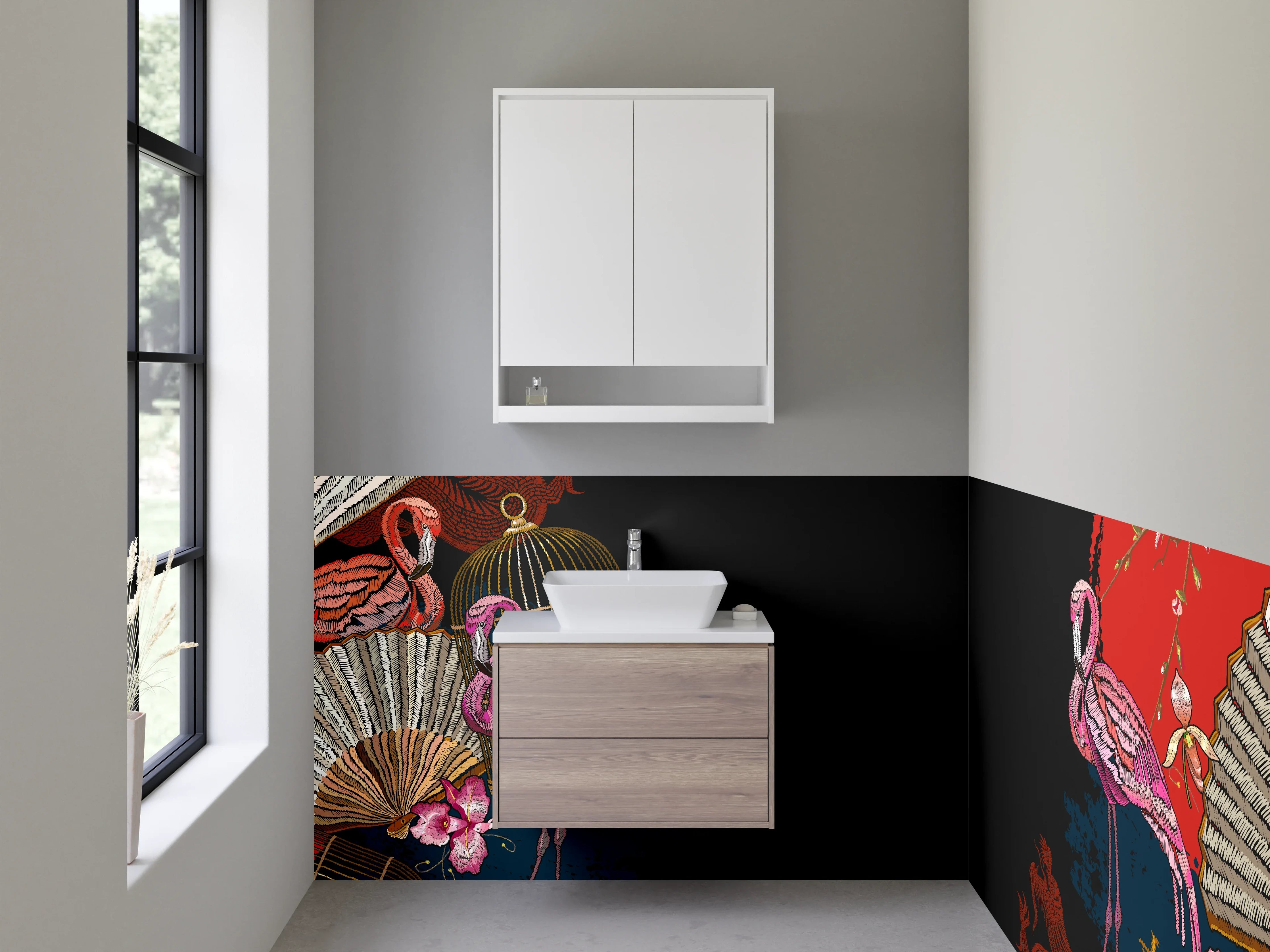 Waschbecken-Rückwand - Asiatisches Flamingo Design mit Fächern