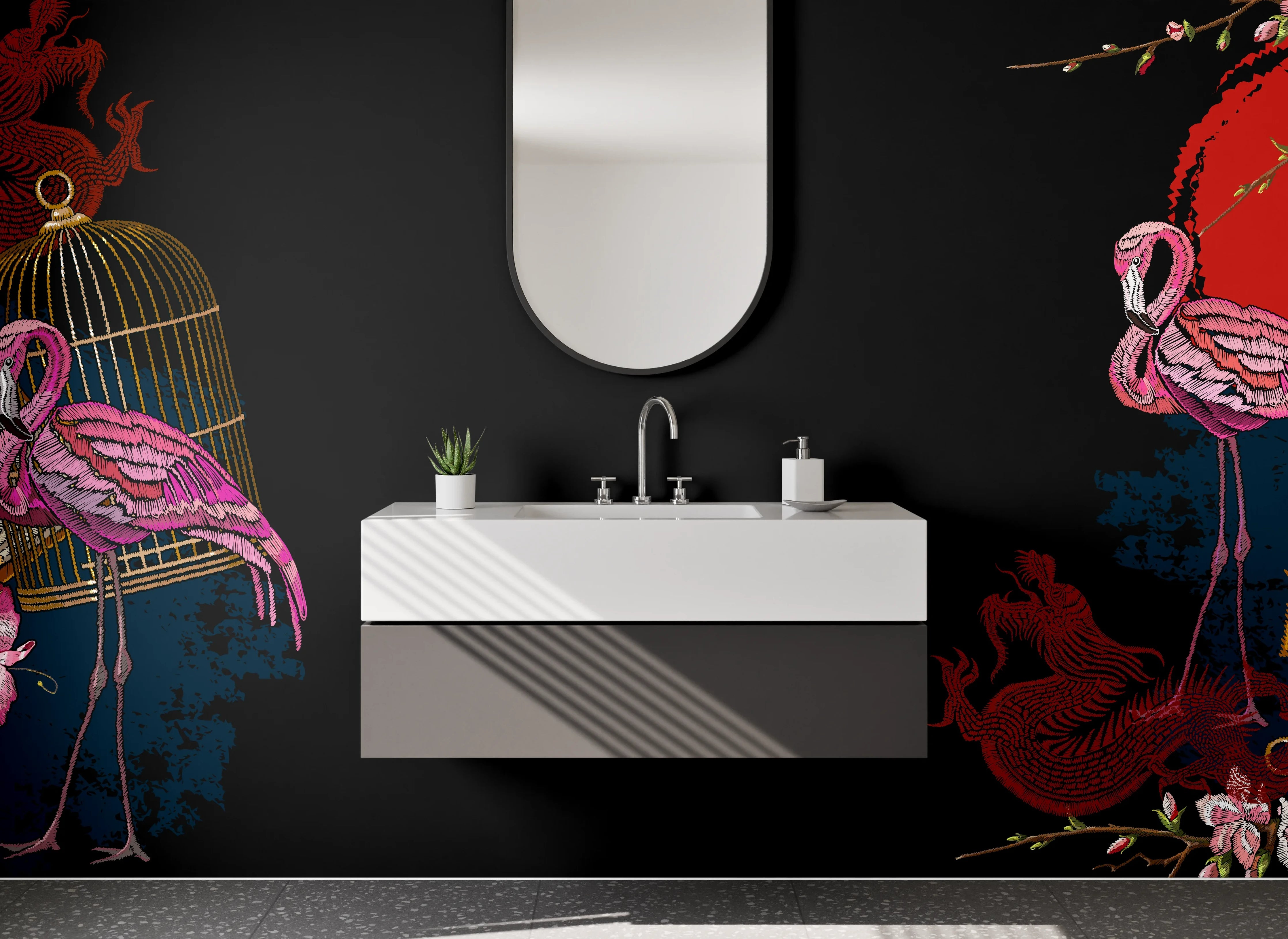 Waschbecken-Rückwand - Asiatisches Flamingo Design mit Fächern