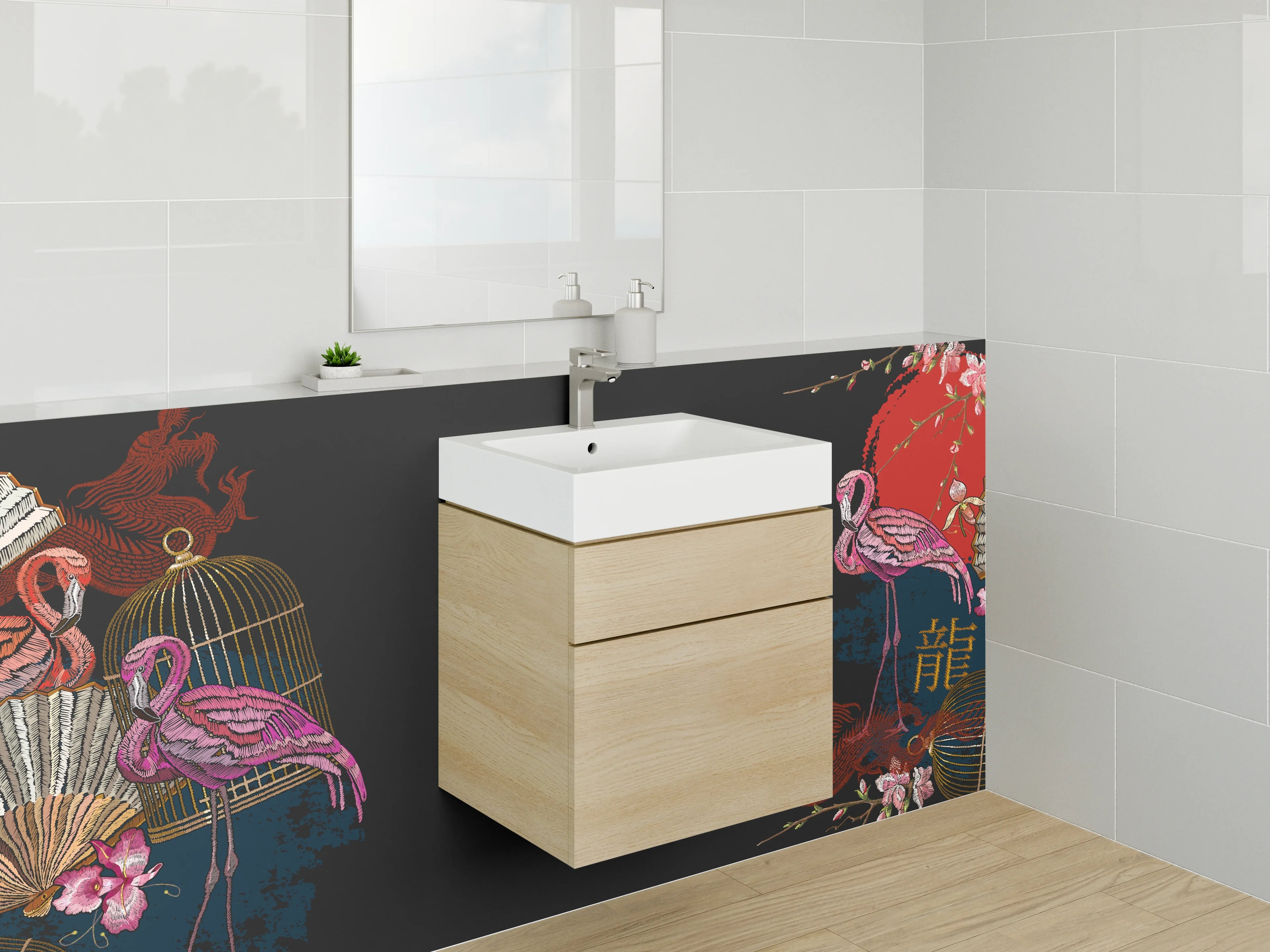 Waschbecken-Rückwand - Asiatisches Flamingo Design mit Fächern