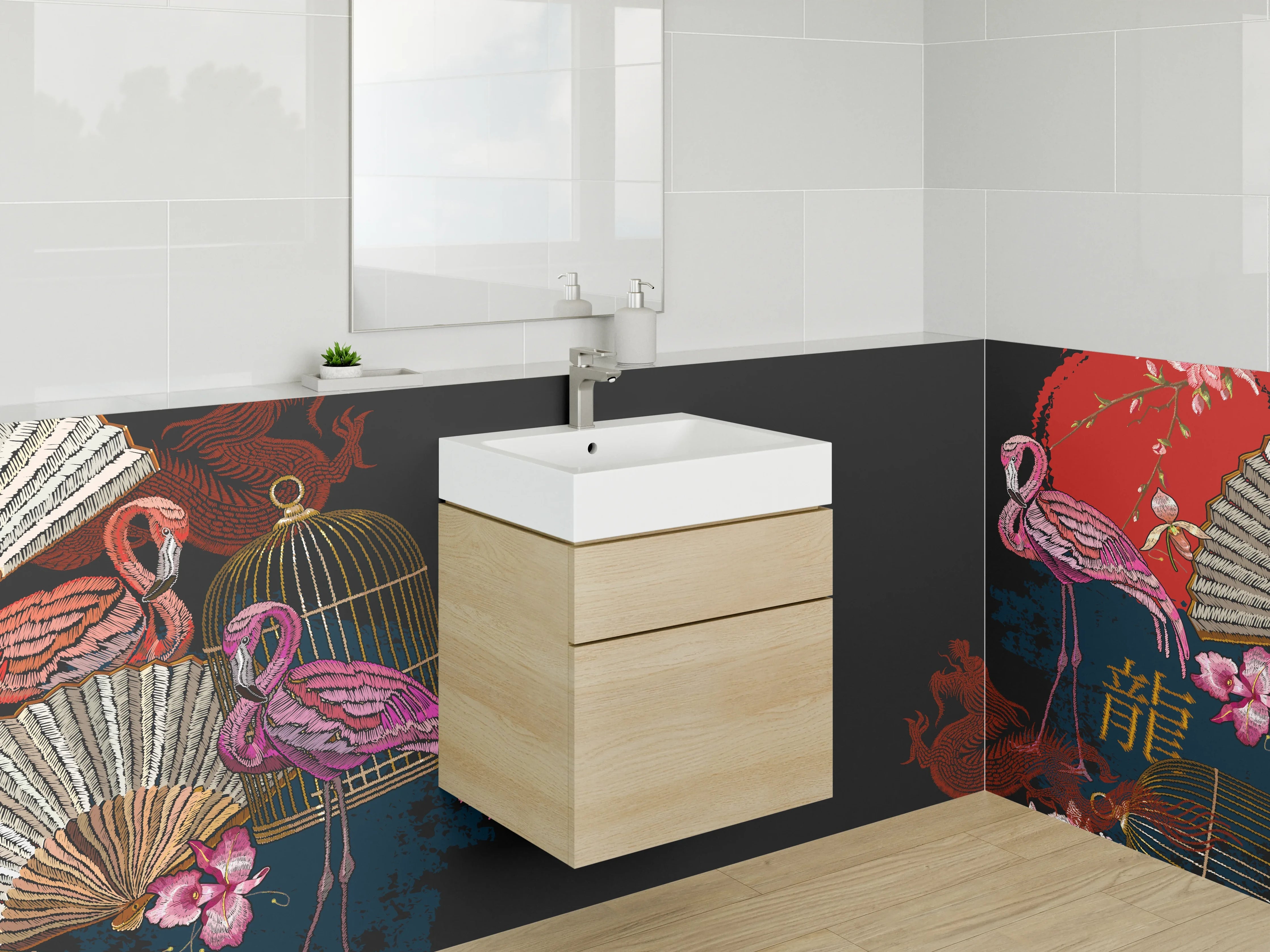 Waschbecken-Rückwand - Asiatisches Flamingo Design mit Fächern