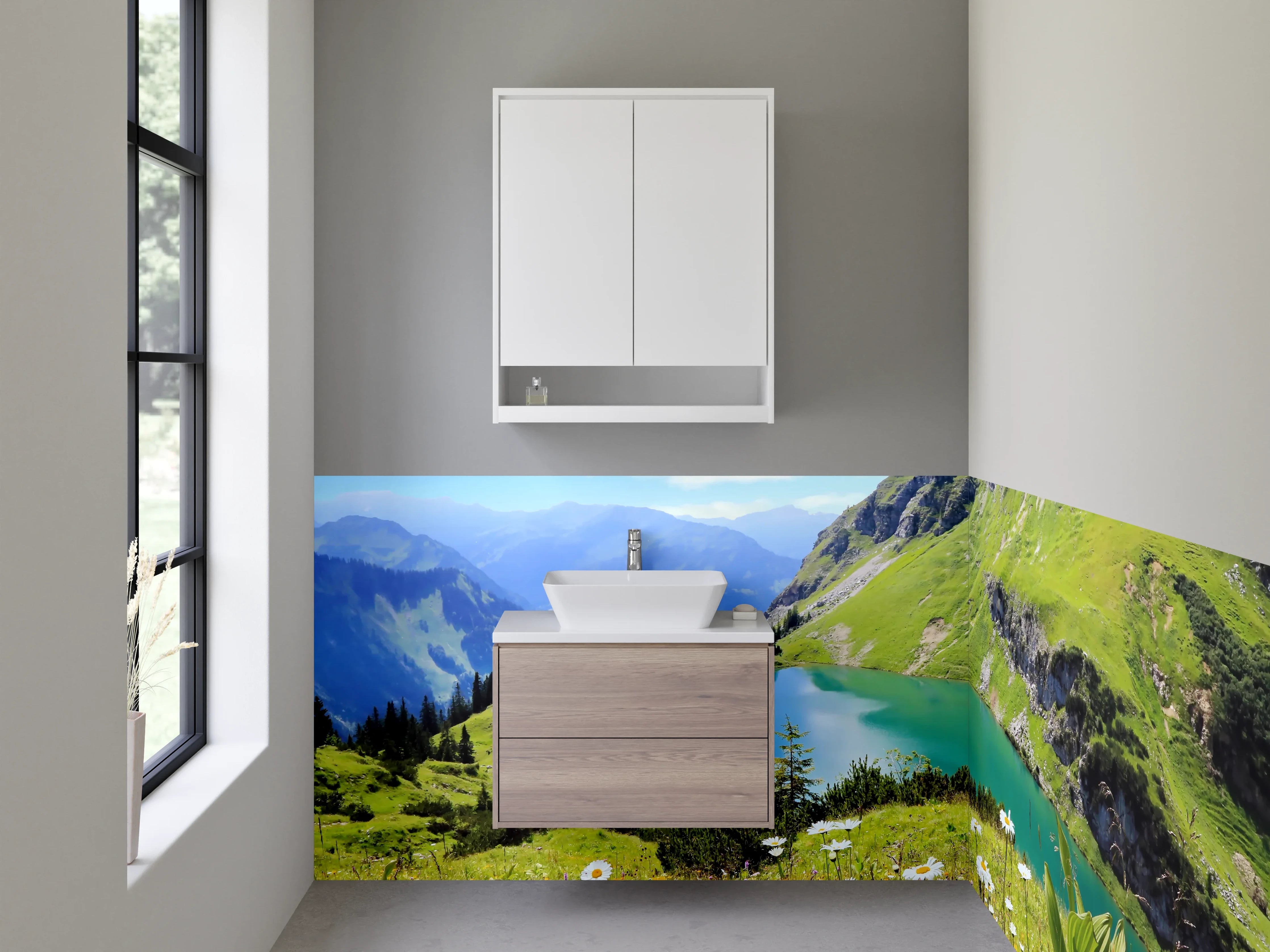 Waschbecken-Rückwand - Atemberaubende Bergkulisse mit See im Vordergrund