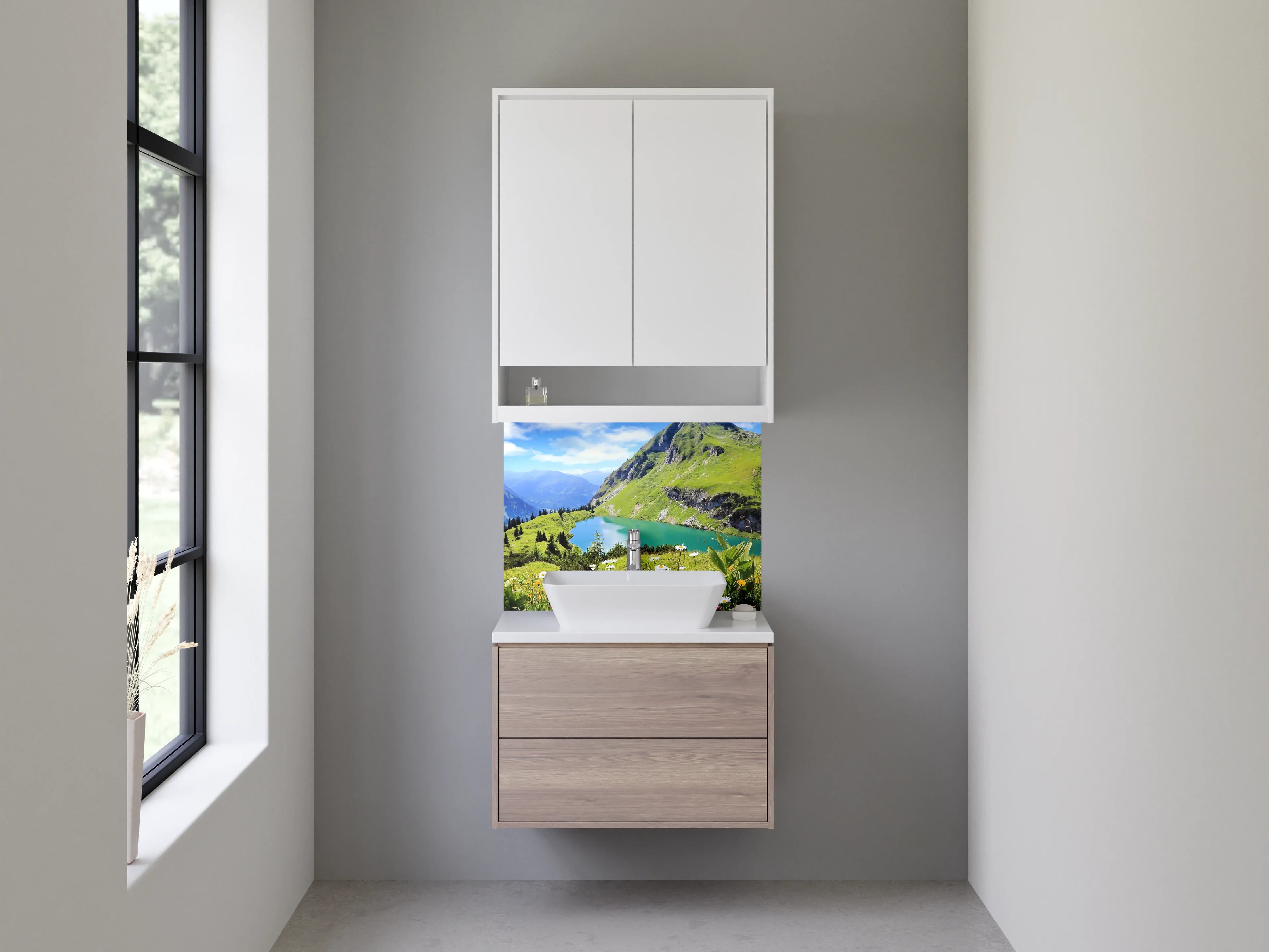 Waschbecken-Rückwand - Atemberaubende Bergkulisse mit See im Vordergrund