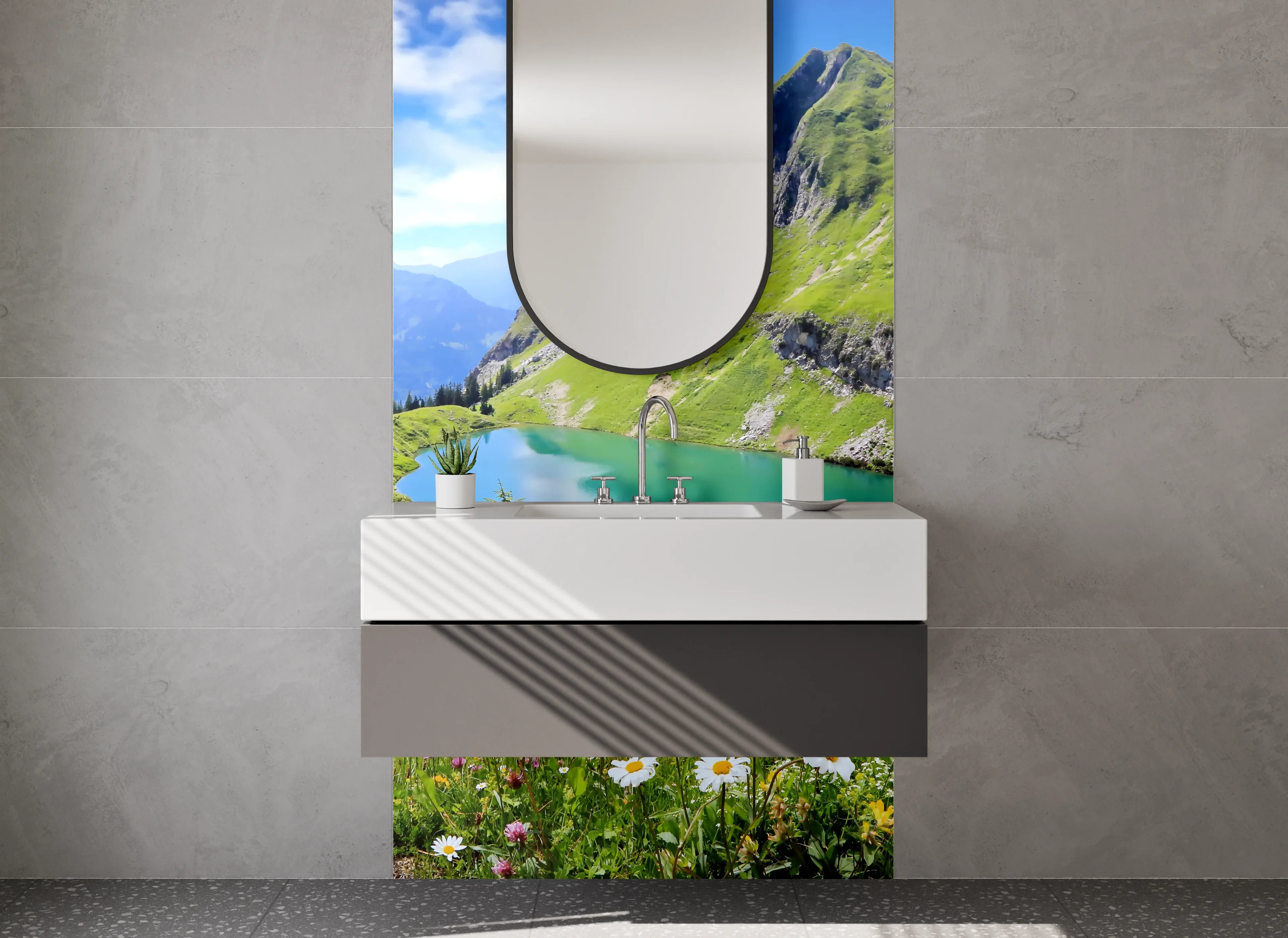 Waschbecken-Rückwand - Atemberaubende Bergkulisse mit See im Vordergrund