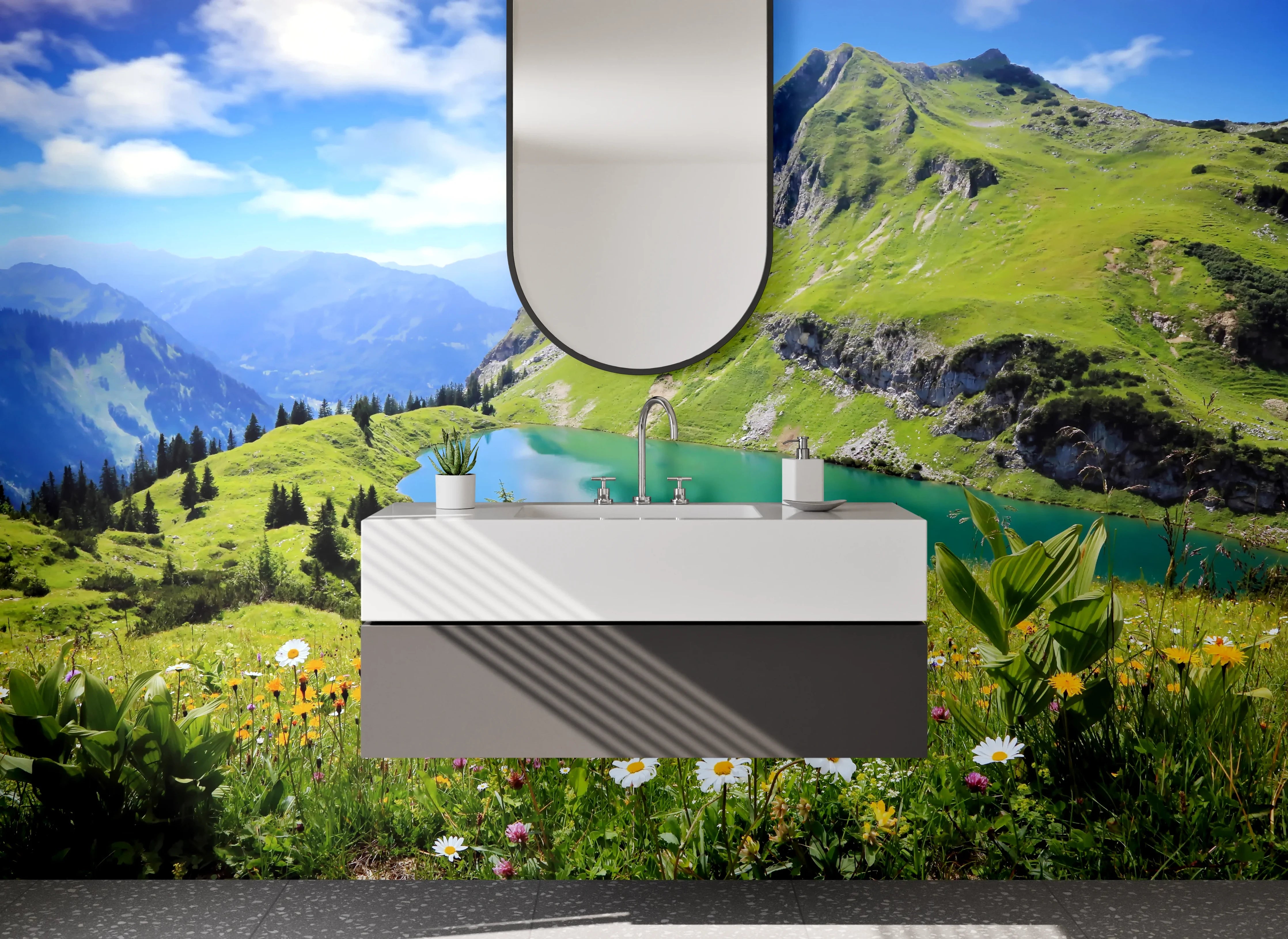 Waschbecken-Rückwand - Atemberaubende Bergkulisse mit See im Vordergrund
