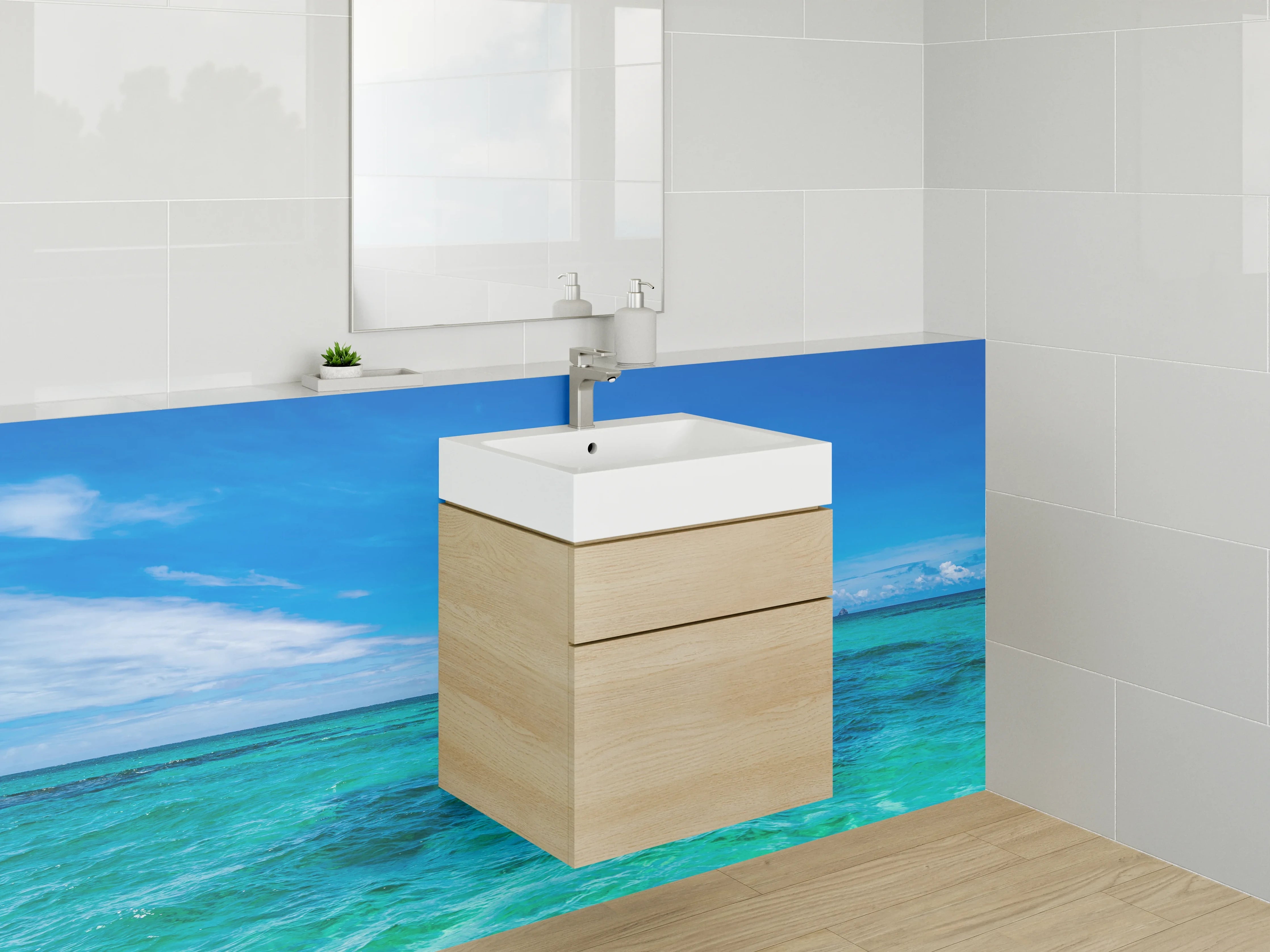 Waschbecken-Rückwand - Azurblau trifft auf silbriges Weiß