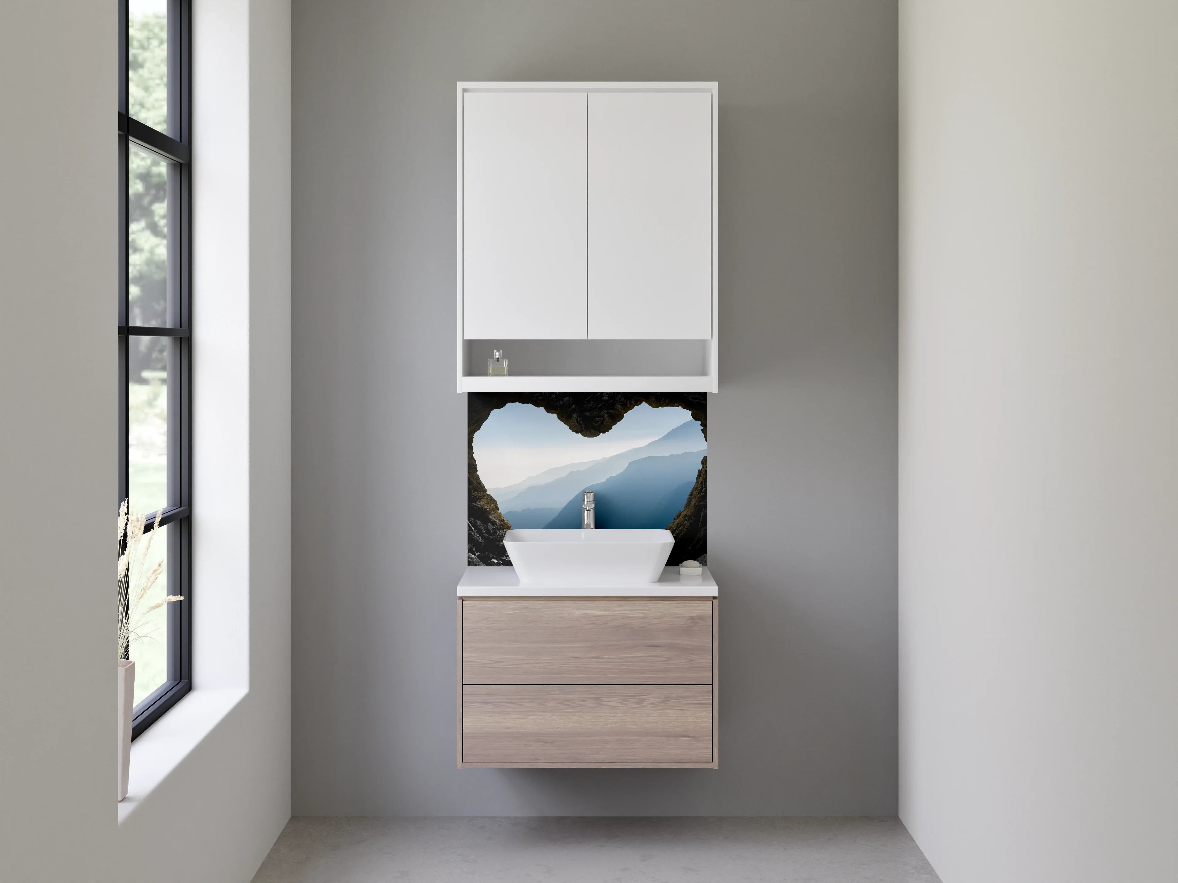 Waschbecken-Rückwand - Azurblaue Berge durch Felsloch