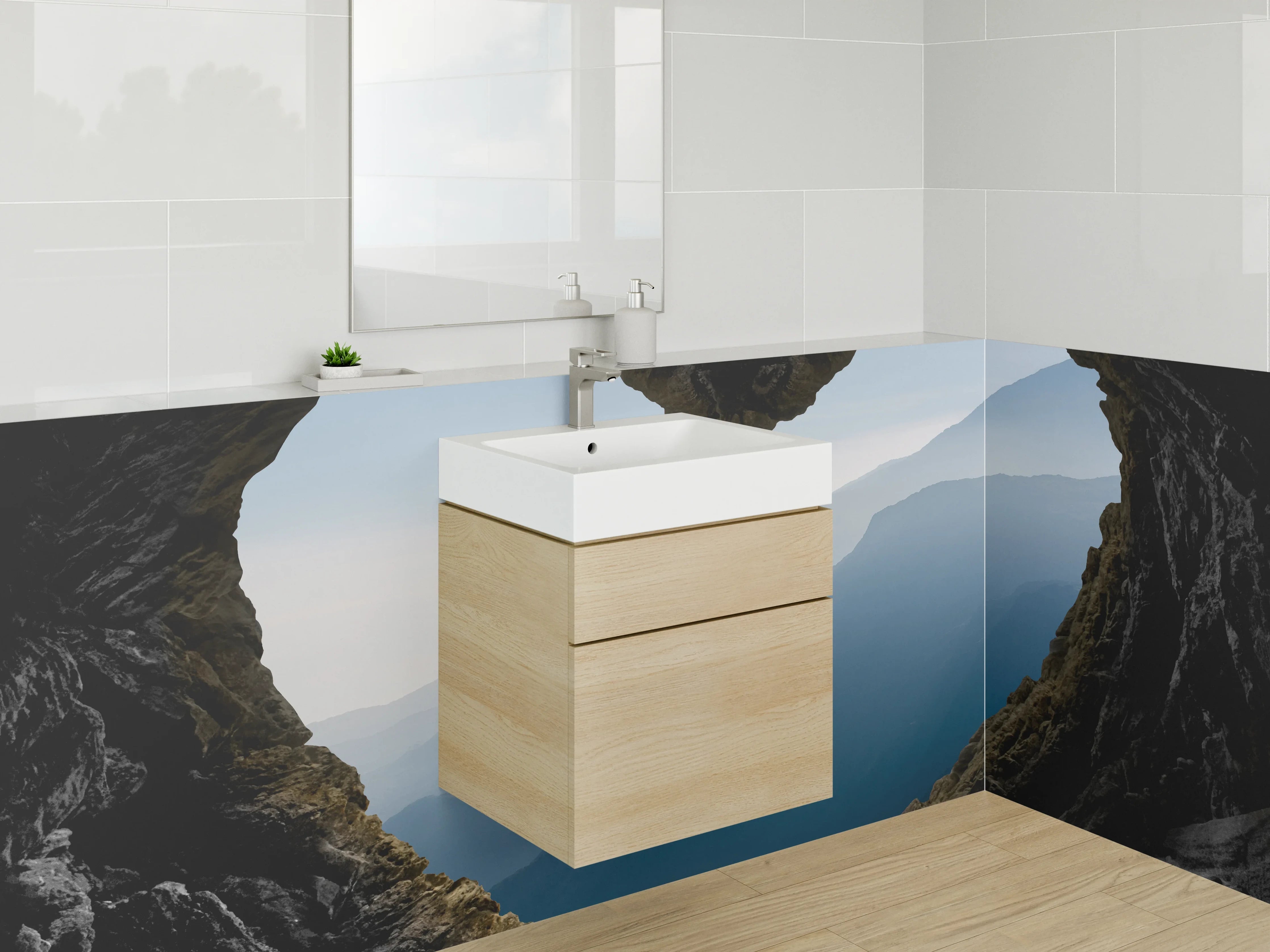 Waschbecken-Rückwand - Azurblaue Berge durch Felsloch