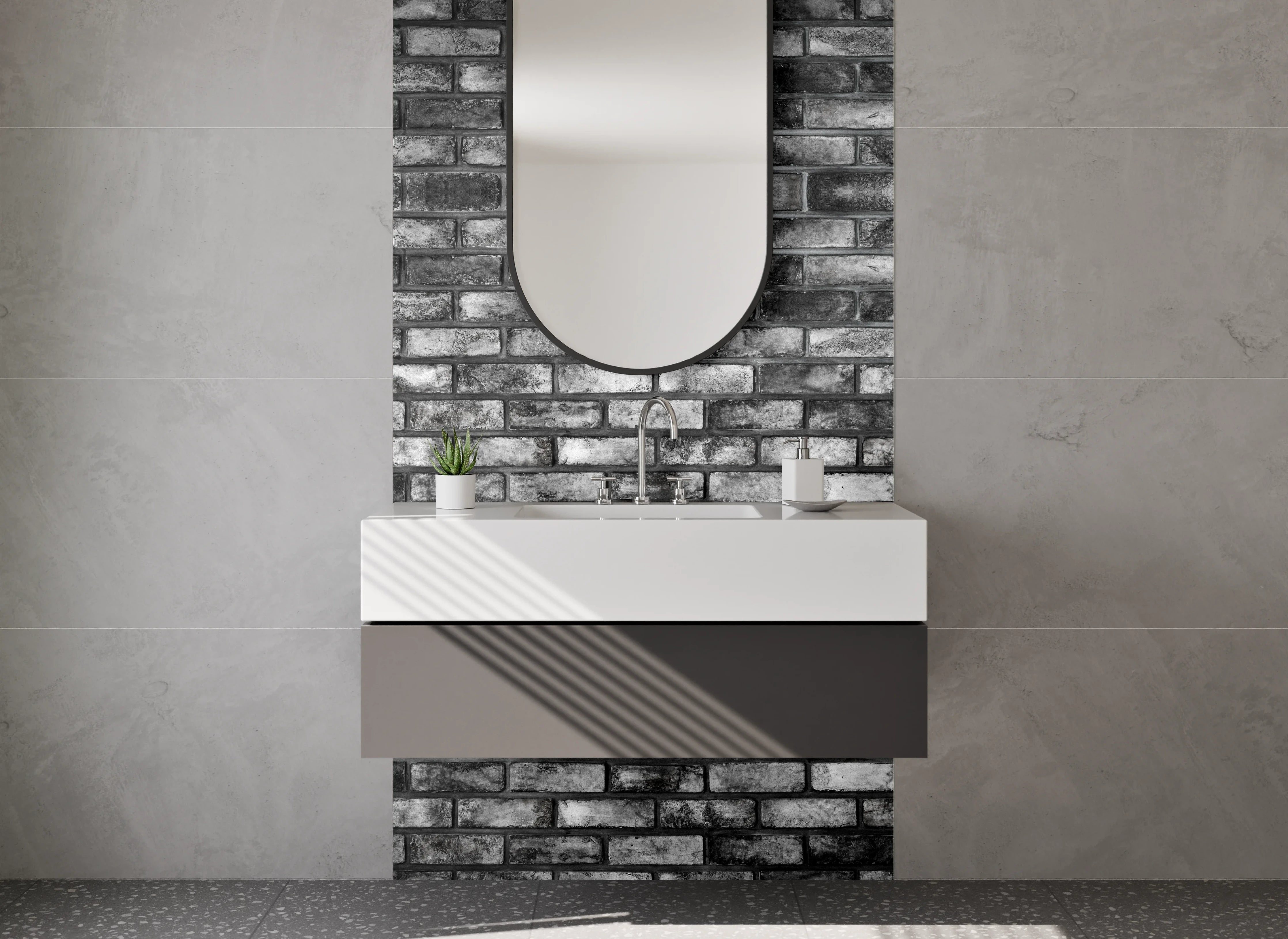 Waschbecken-Rückwand - Backstein-Optik Grau Schwarz Wand