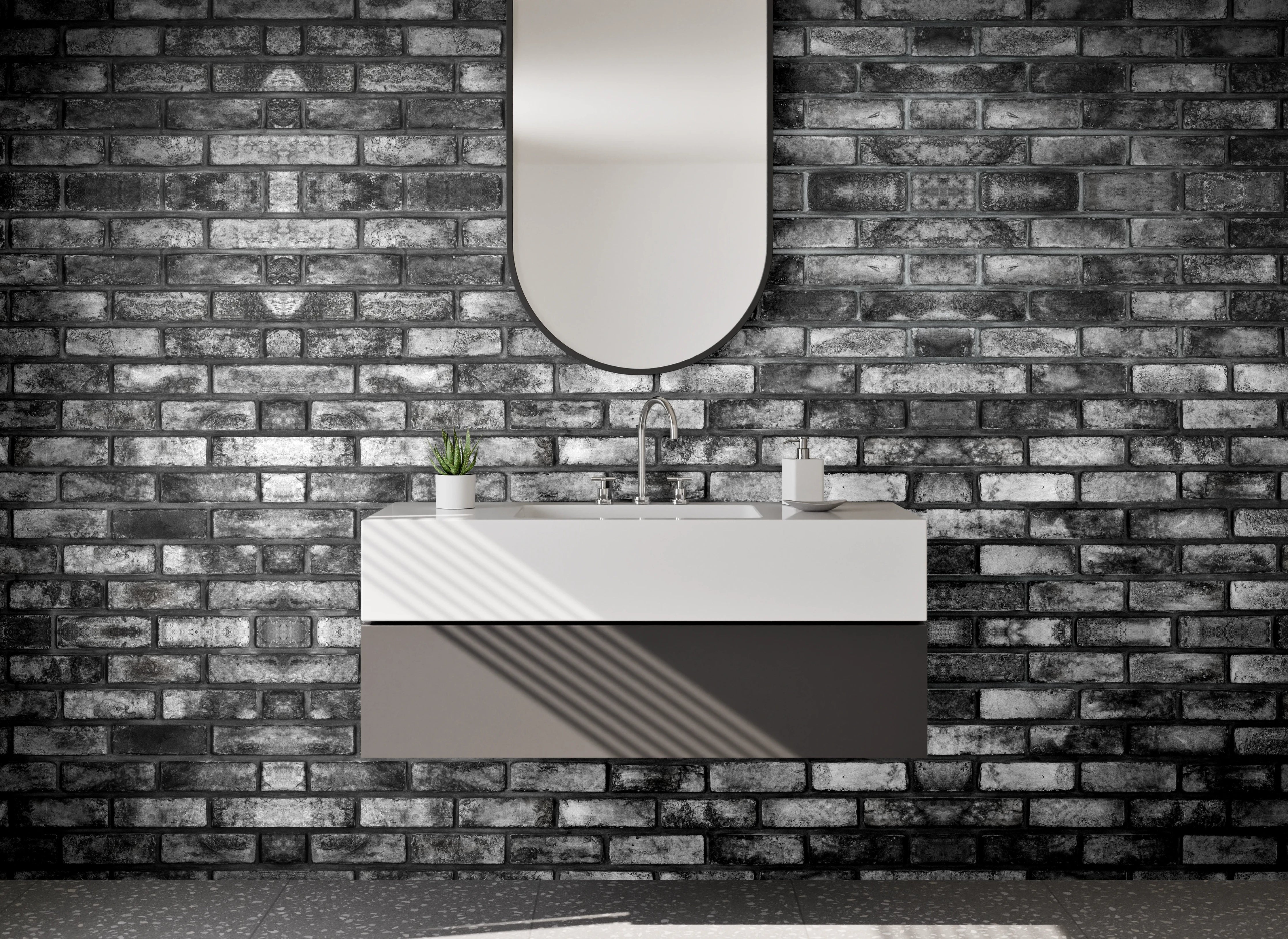 Waschbecken-Rückwand - Backstein-Optik Grau Schwarz Wand
