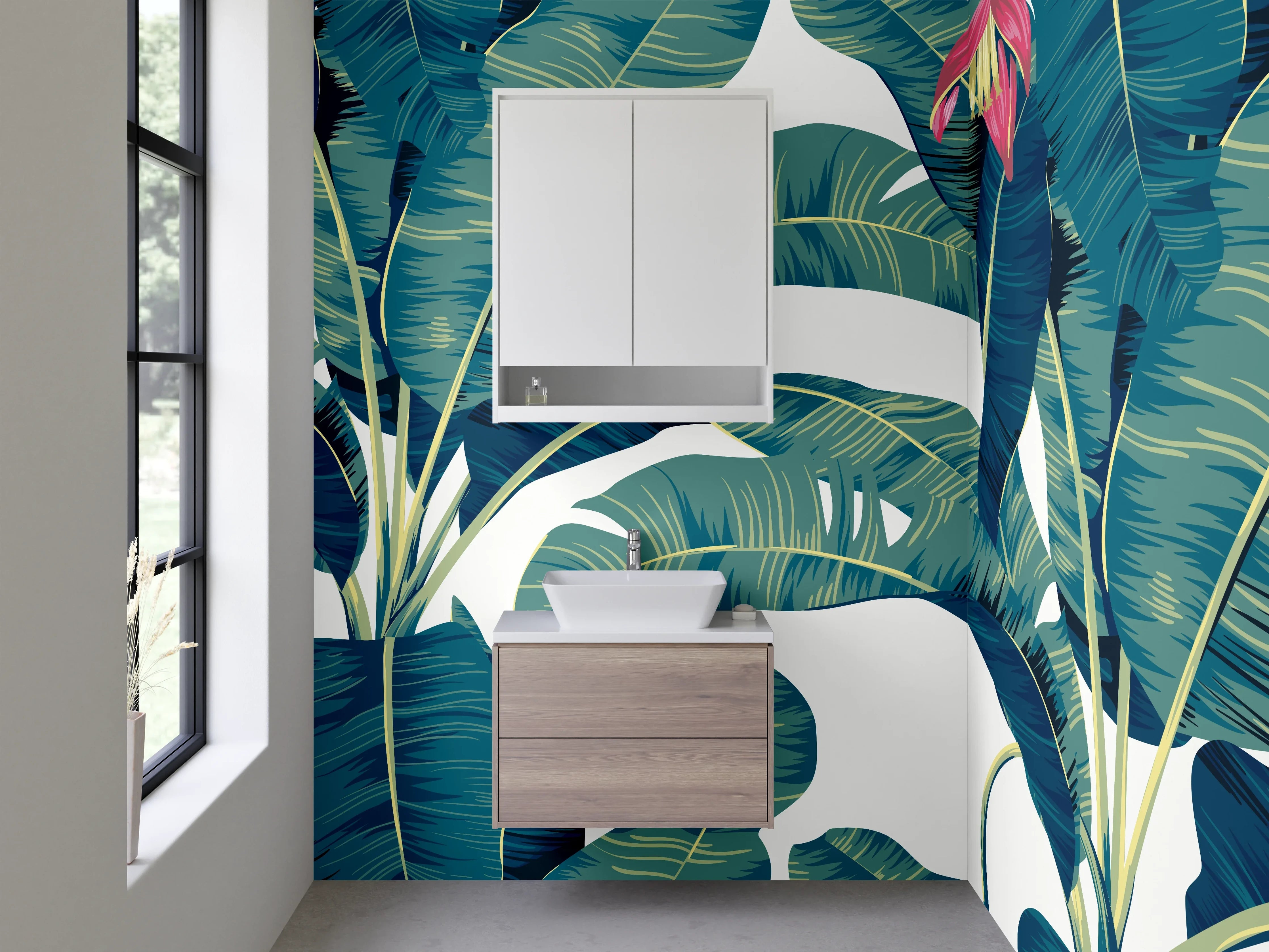 Waschbecken-Rückwand - Bananenblätter Dschungel Illustration grün-blau