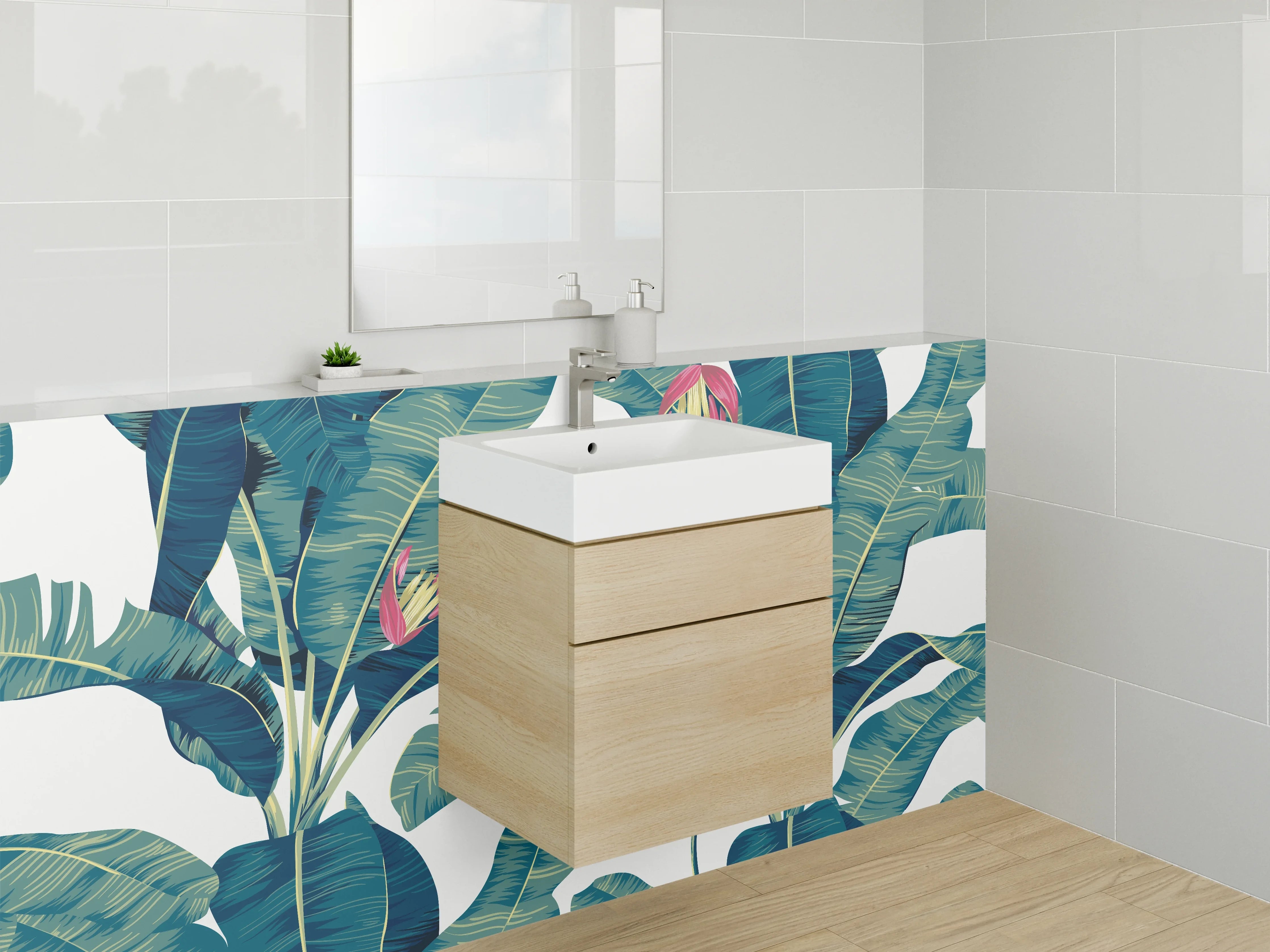 Waschbecken-Rückwand - Bananenblätter Dschungel Illustration grün-blau