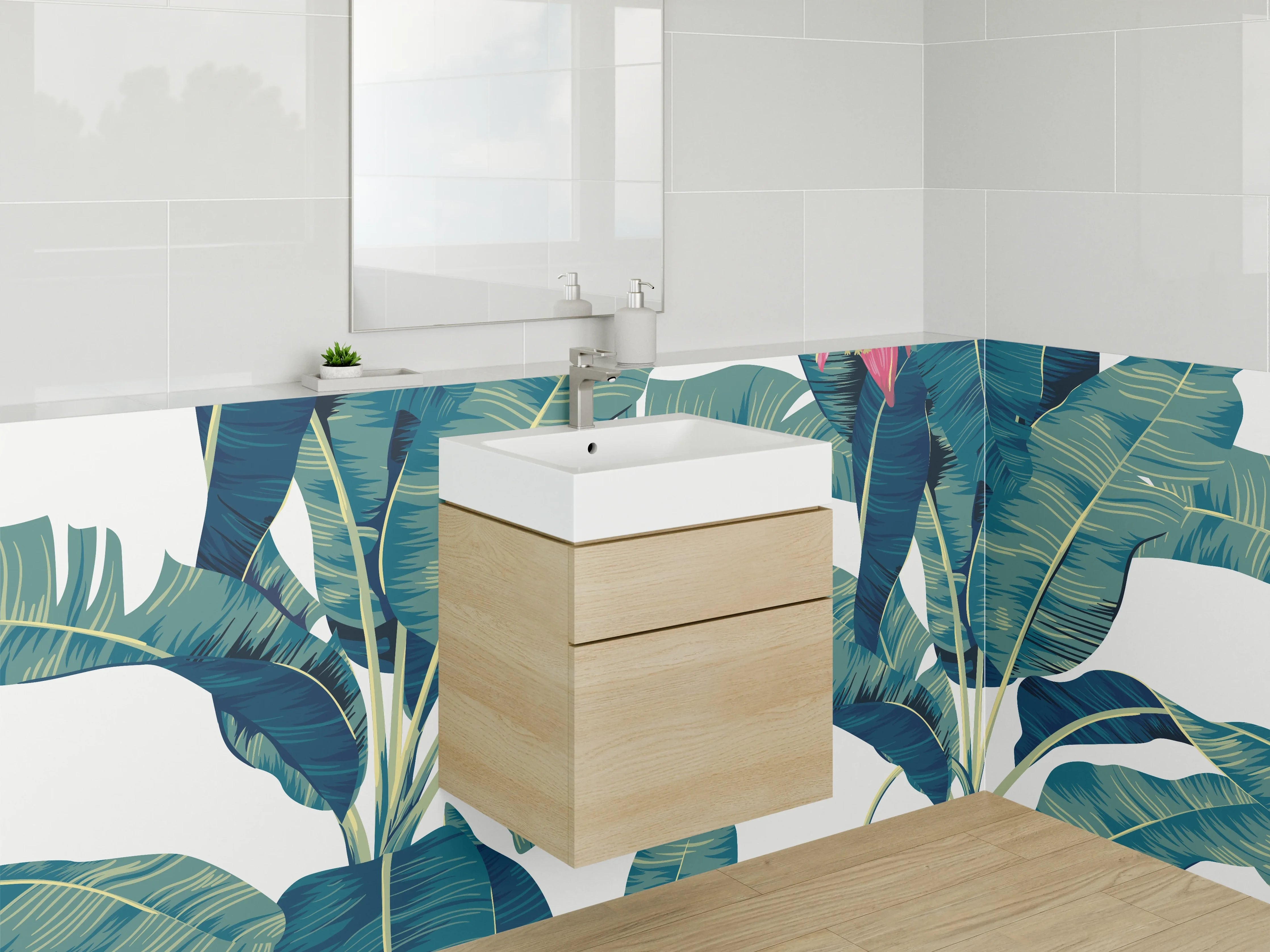 Waschbecken-Rückwand - Bananenblätter Dschungel Illustration grün-blau