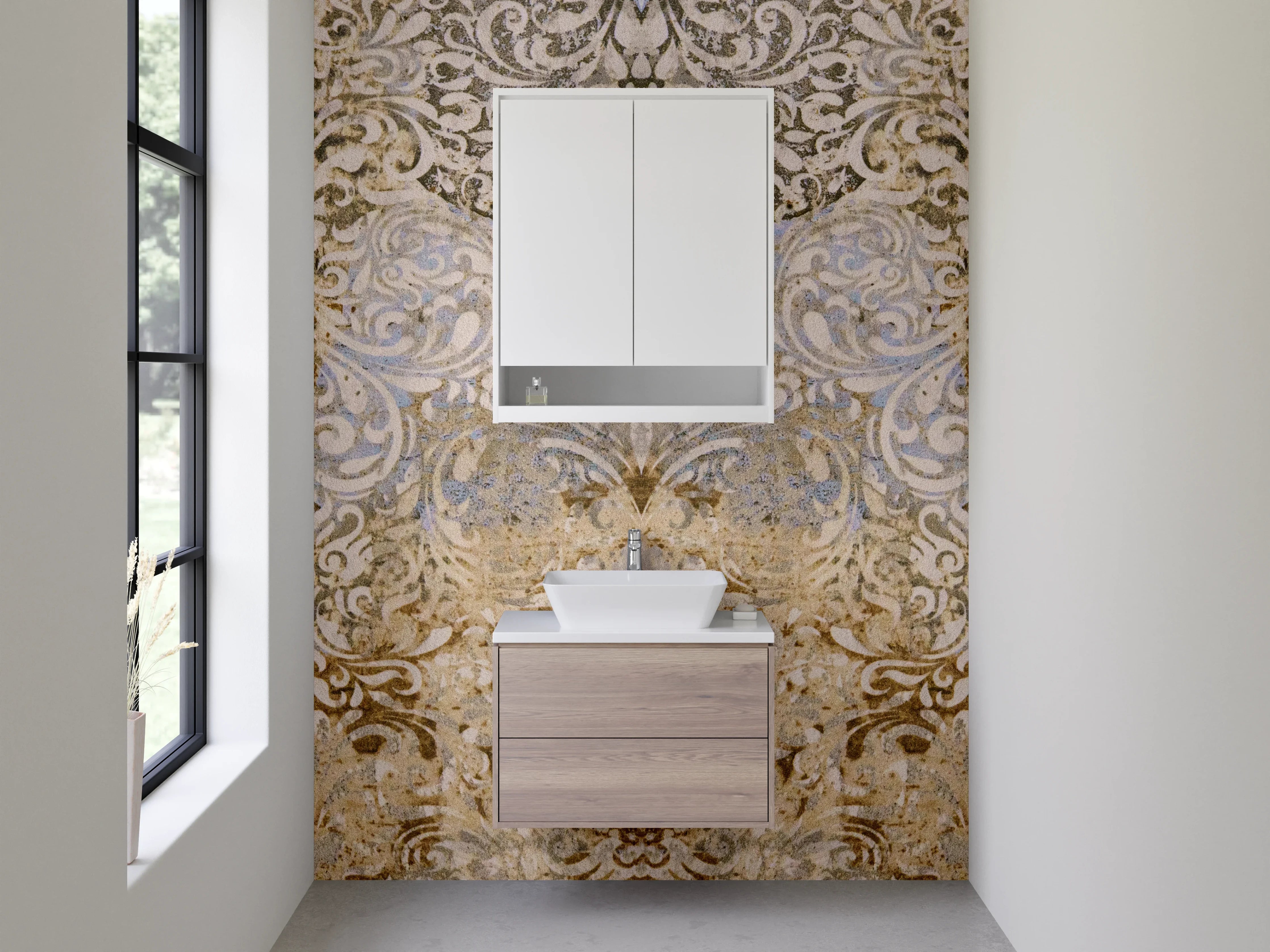 Waschbecken-Rückwand - Barock Ornament Gold Beige Tapete