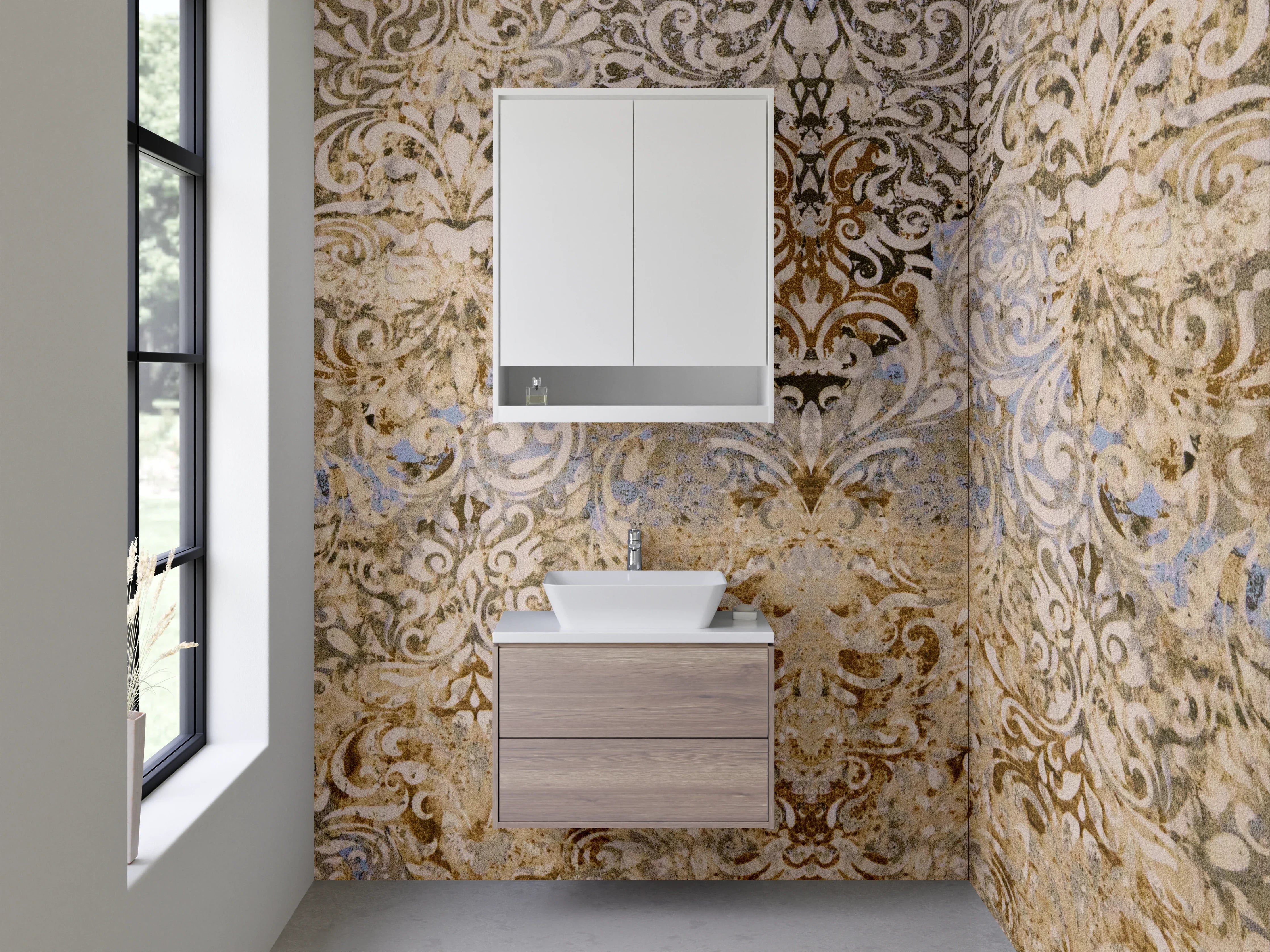 Waschbecken-Rückwand - Barock Ornament Gold Beige Tapete