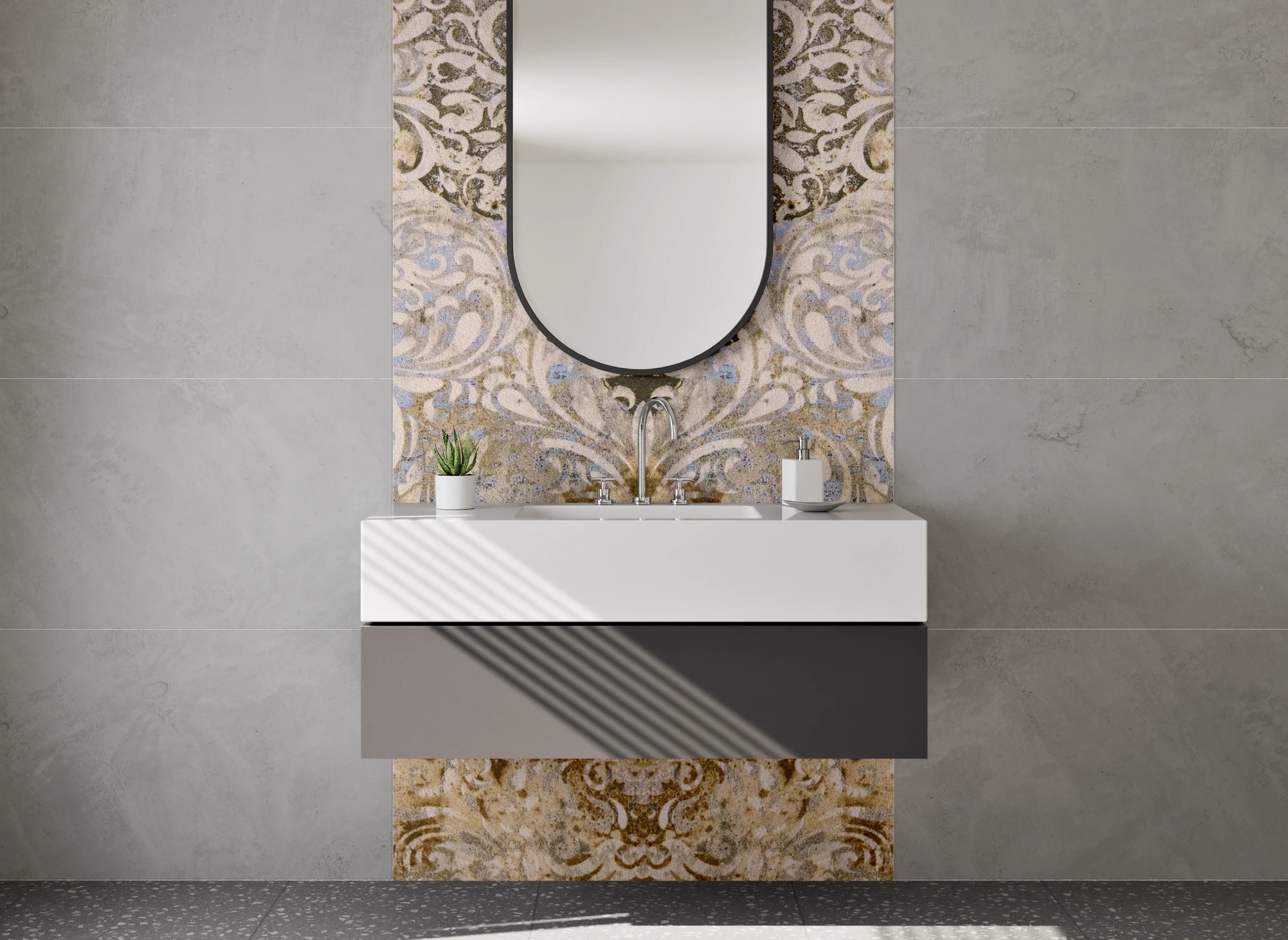 Waschbecken-Rückwand - Barock Ornament Gold Beige Tapete