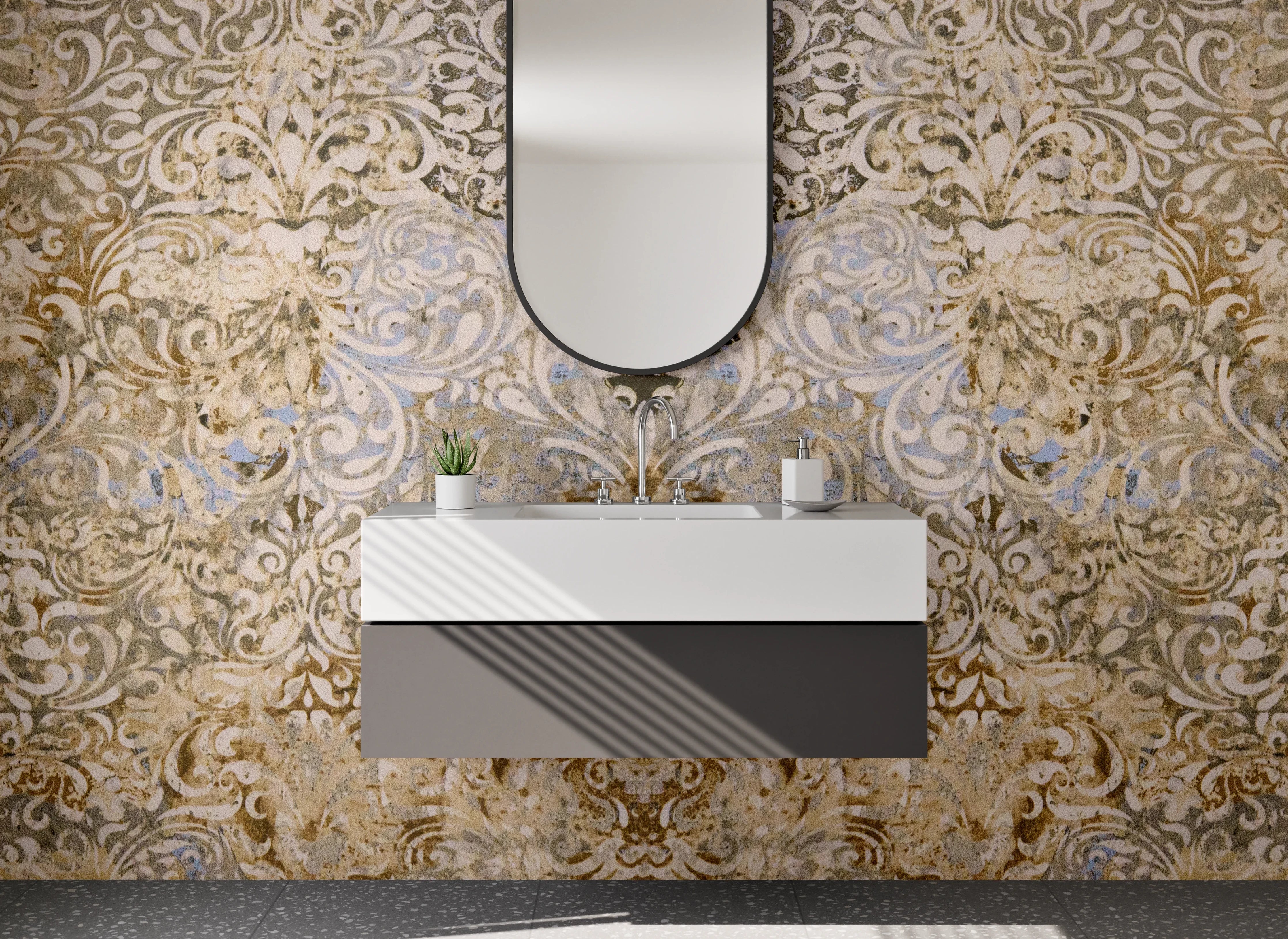 Waschbecken-Rückwand - Barock Ornament Gold Beige Tapete