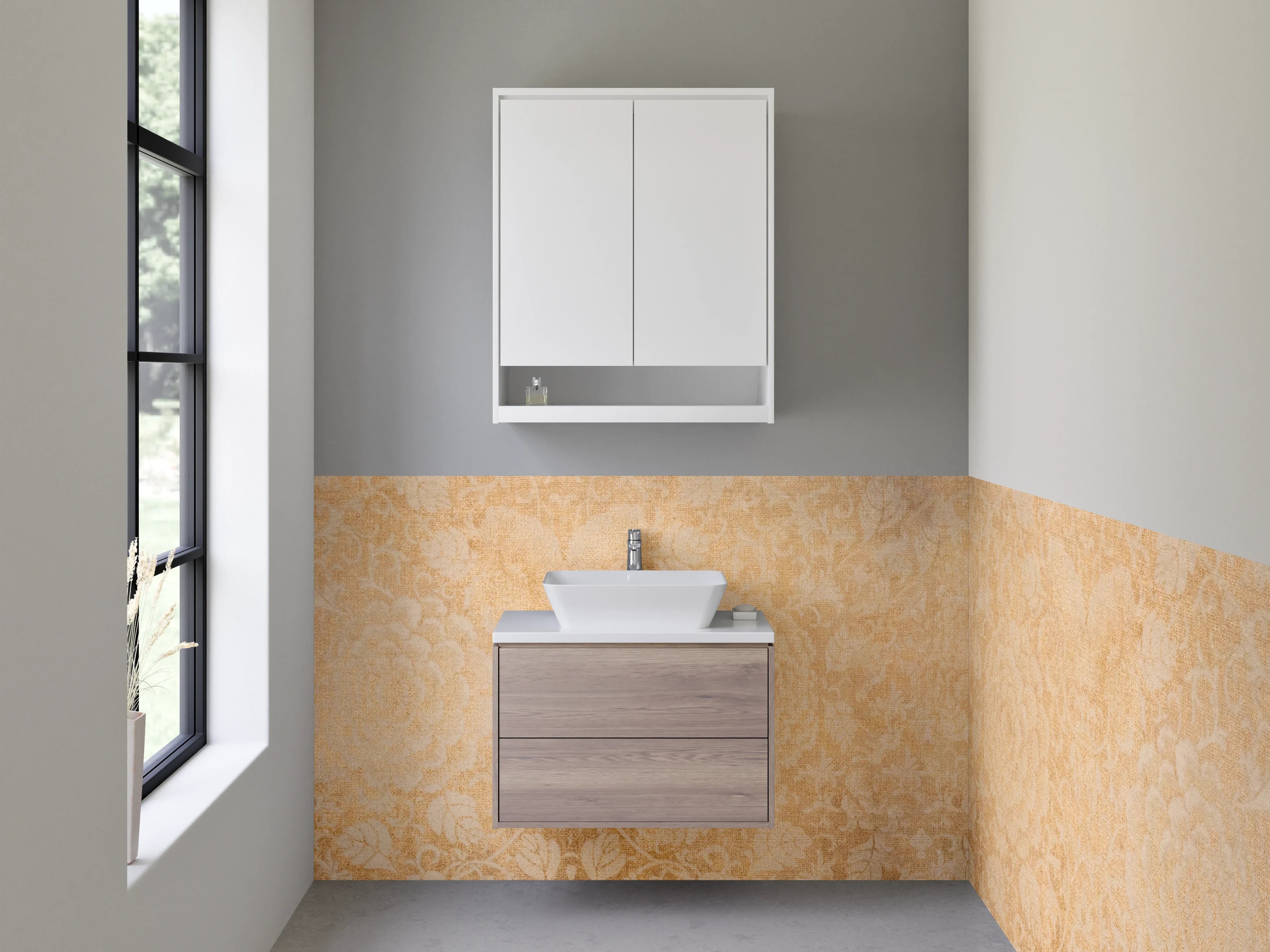 Waschbecken-Rückwand - Barock Tapetenmuster Beige Gold