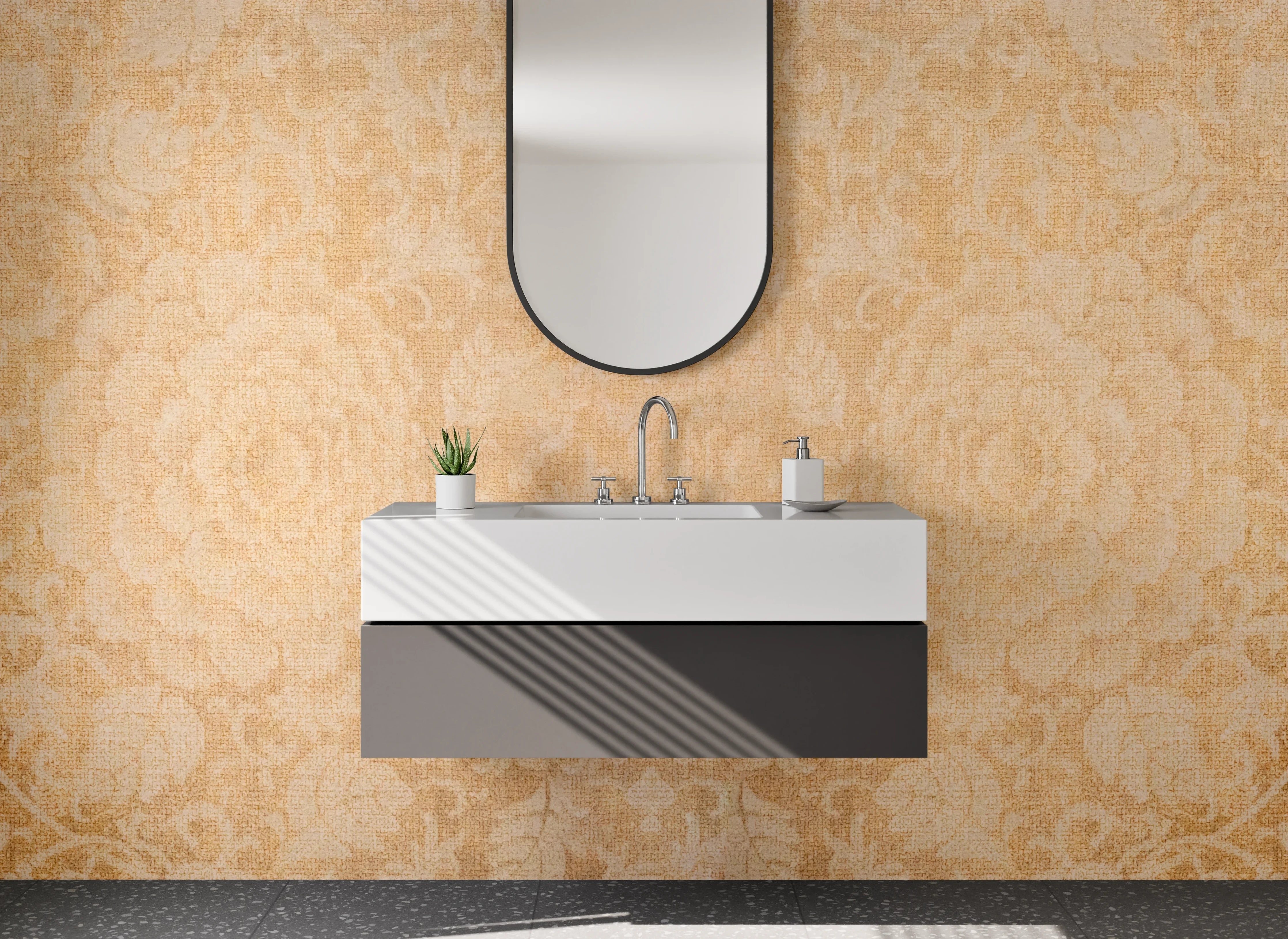 Waschbecken-Rückwand - Barock Tapetenmuster Beige Gold