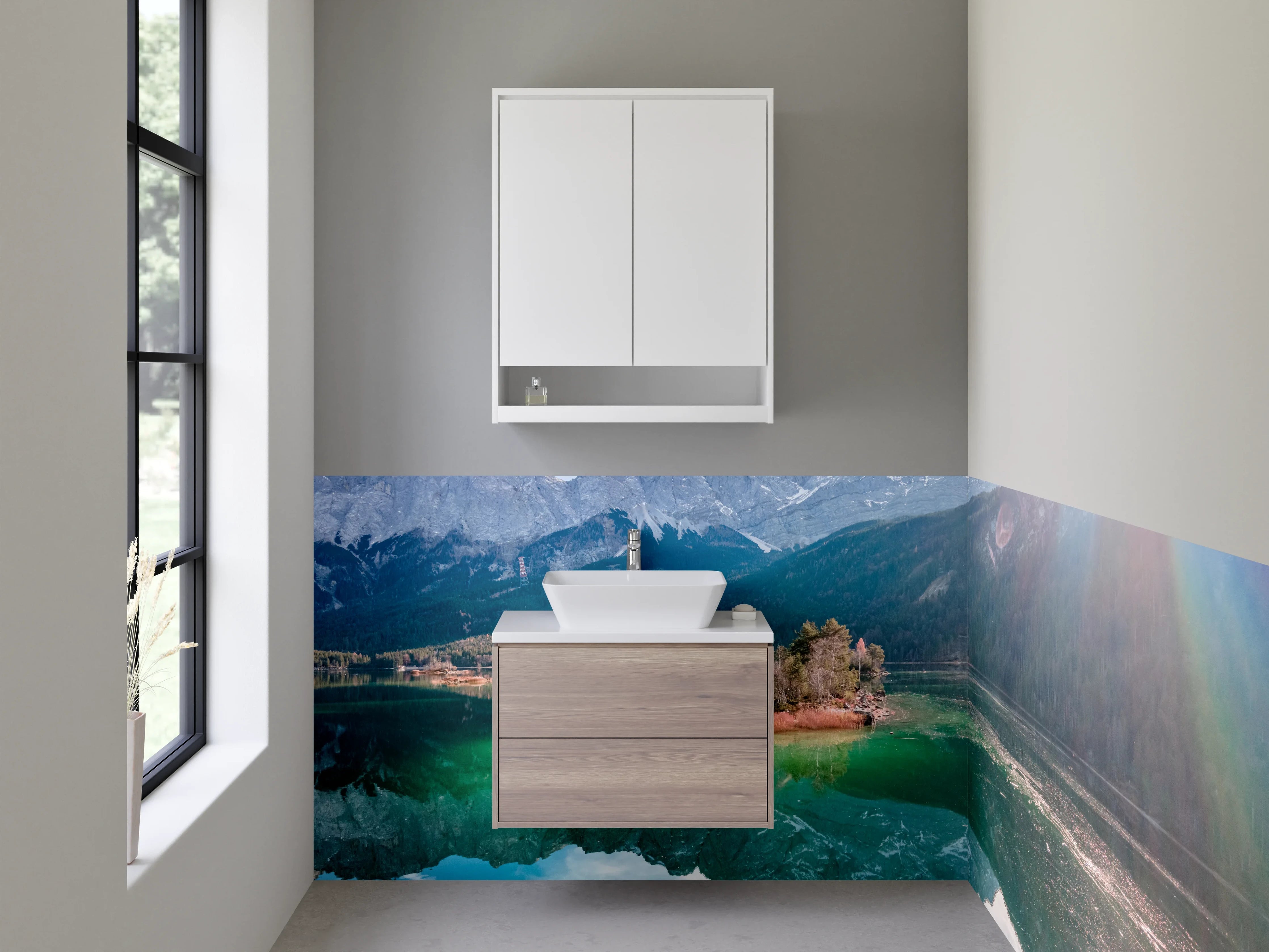 Waschbecken-Rückwand - Beeindruckende Berglandschaft mit Spiegelung im See