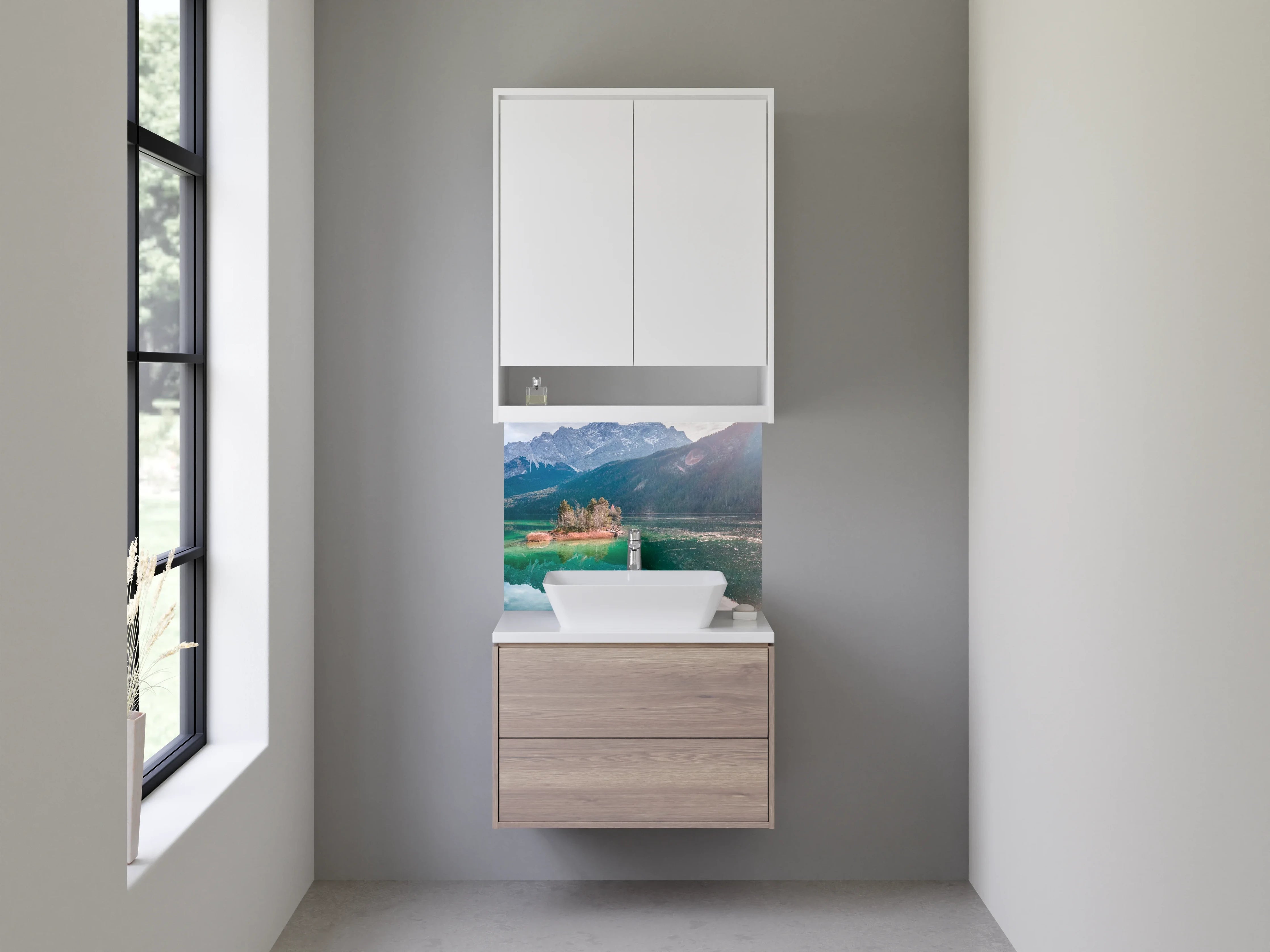 Waschbecken-Rückwand - Beeindruckende Berglandschaft mit Spiegelung im See