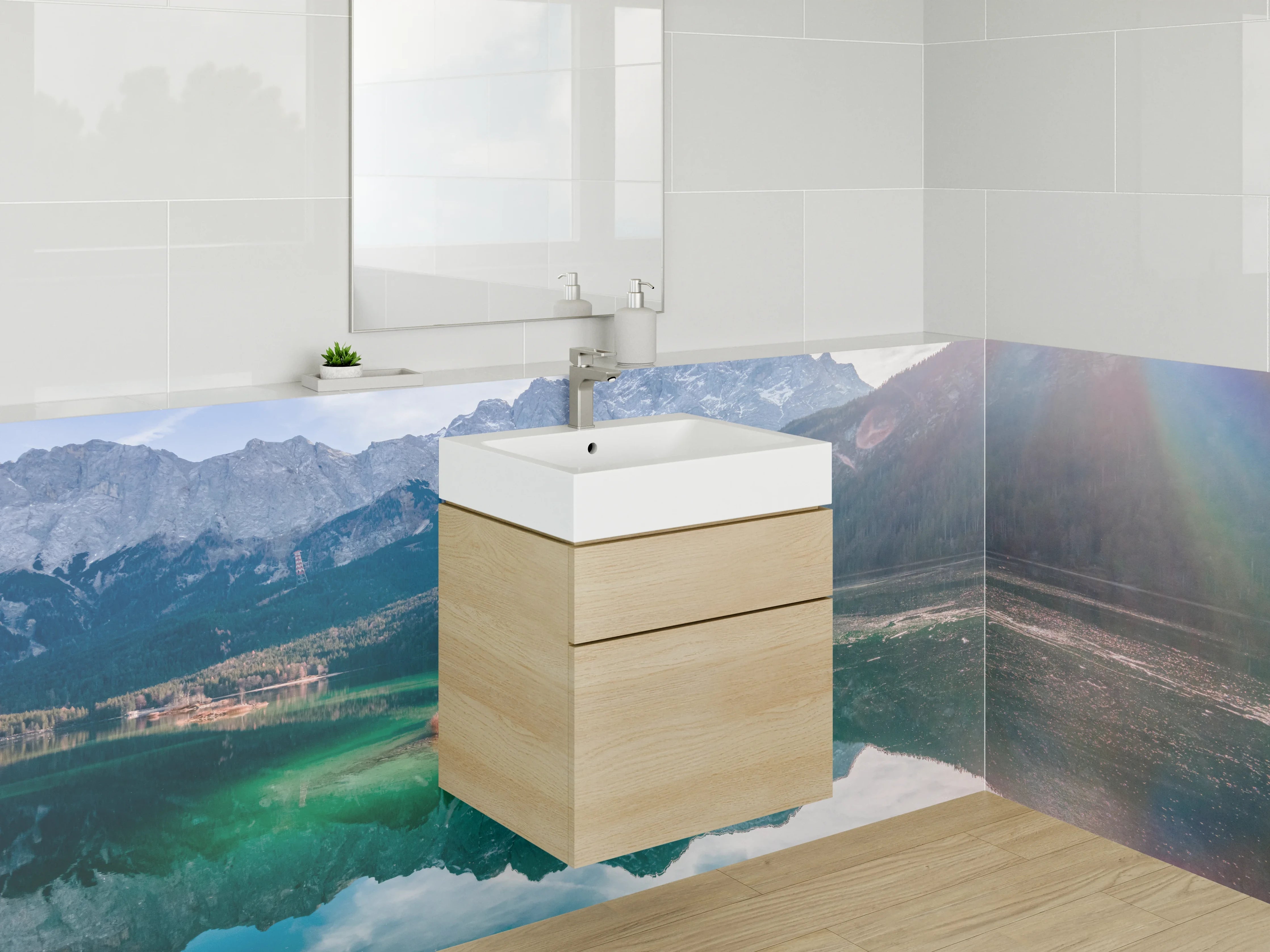 Waschbecken-Rückwand - Beeindruckende Berglandschaft mit Spiegelung im See