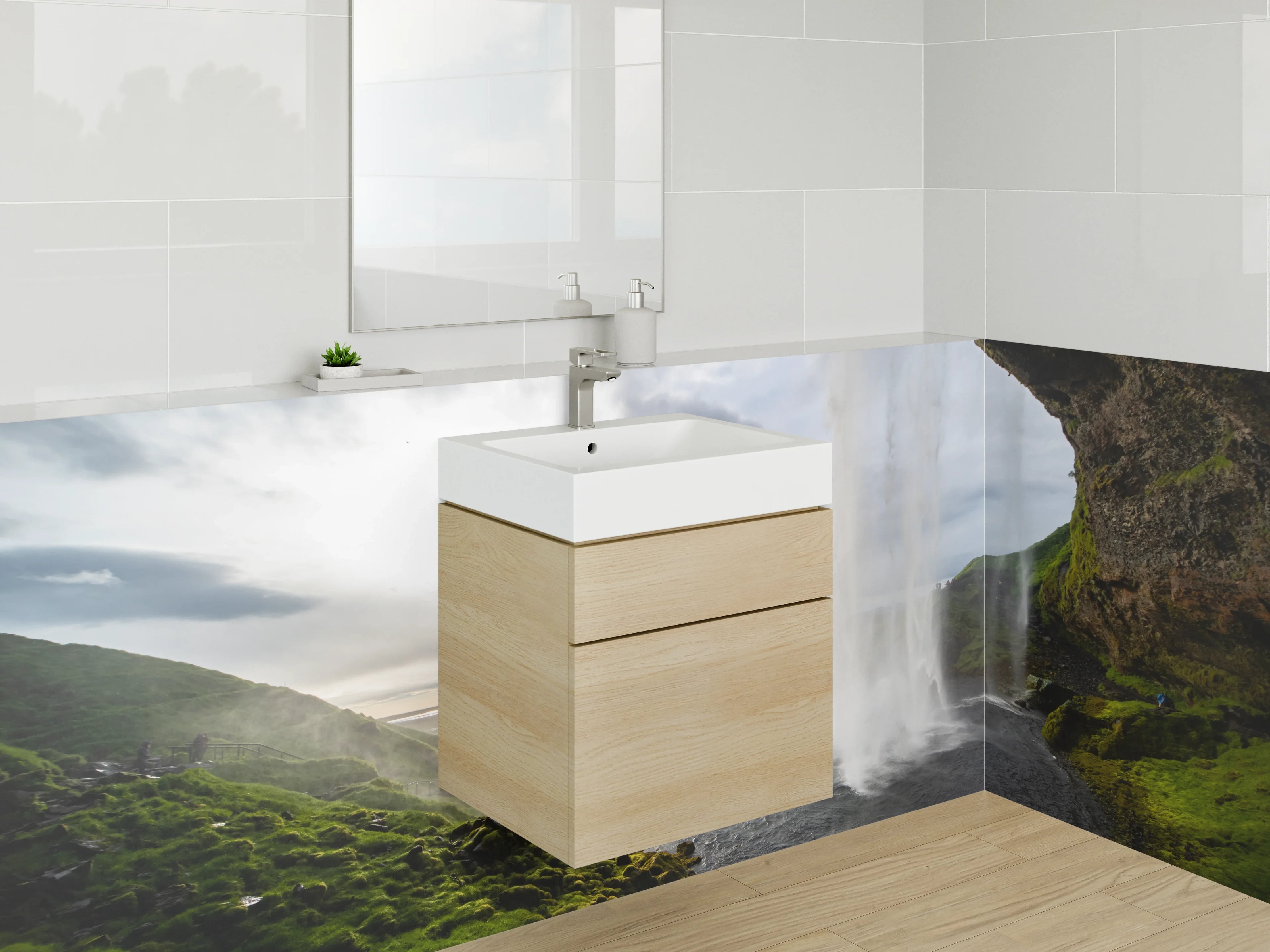 Waschbecken-Rückwand - Beeindruckender Wasserfall Island Panorama