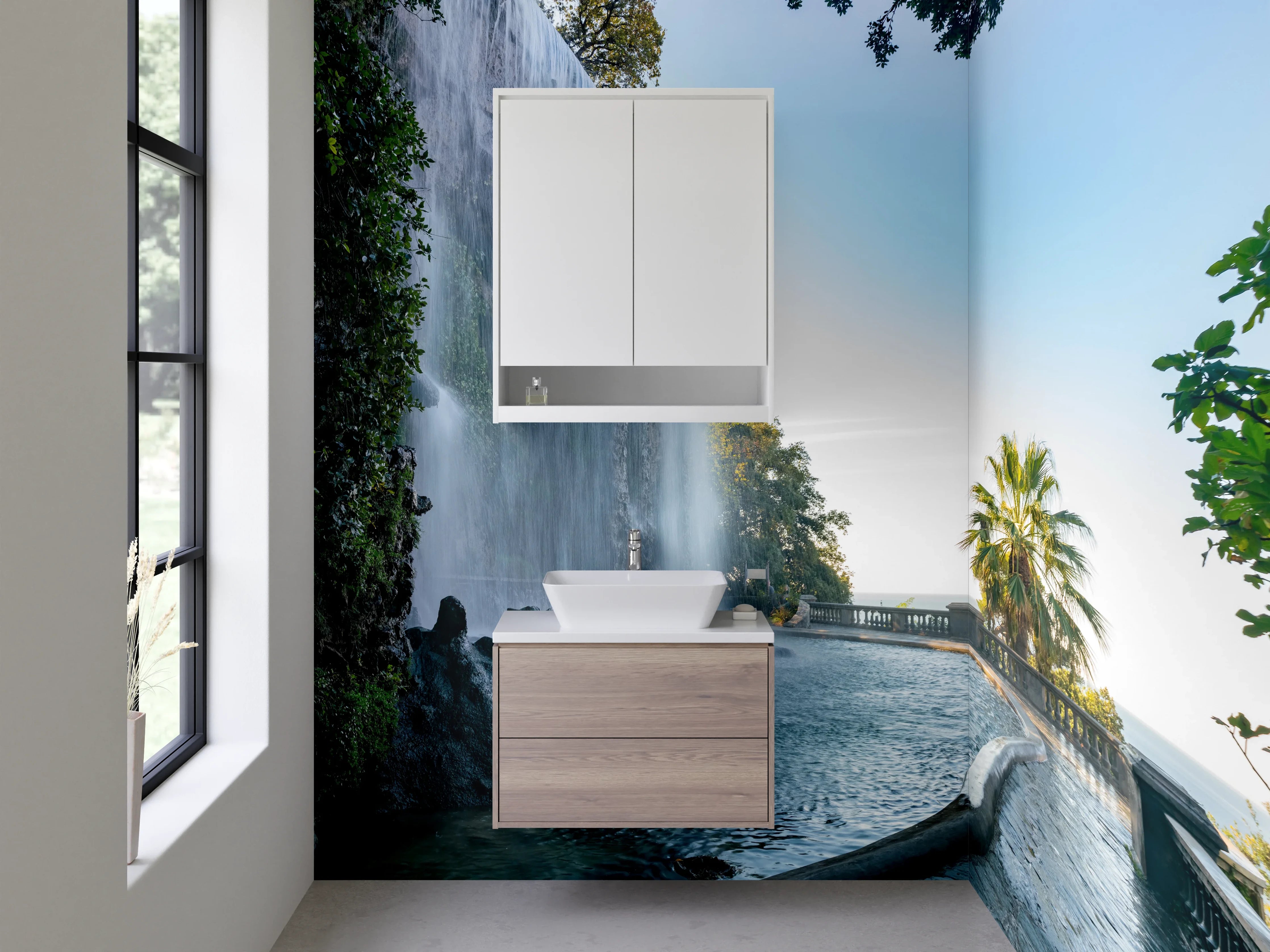 Waschbecken-Rückwand - Beeindruckender Wasserfall an Palmenpromenade