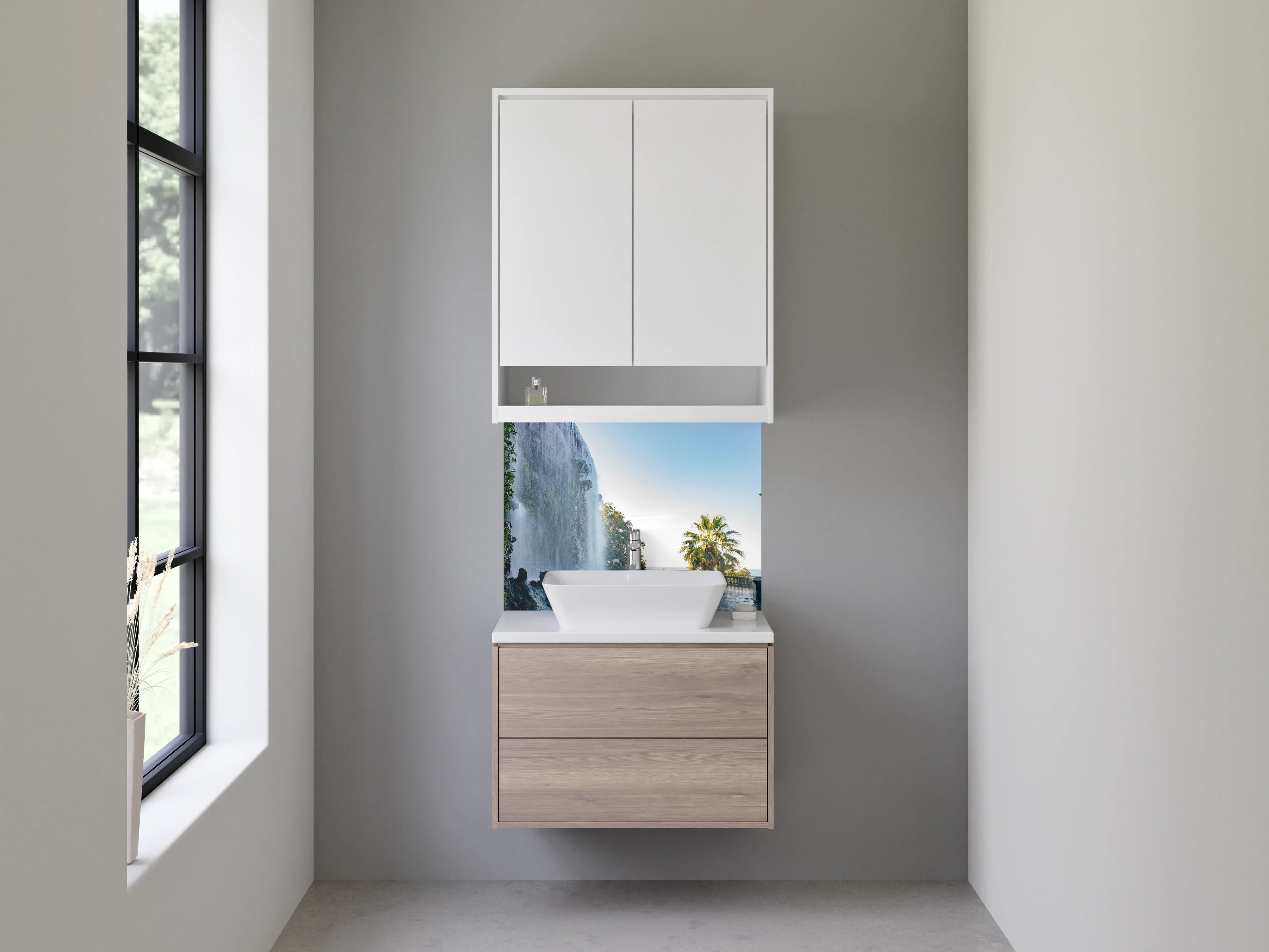 Waschbecken-Rückwand - Beeindruckender Wasserfall an Palmenpromenade