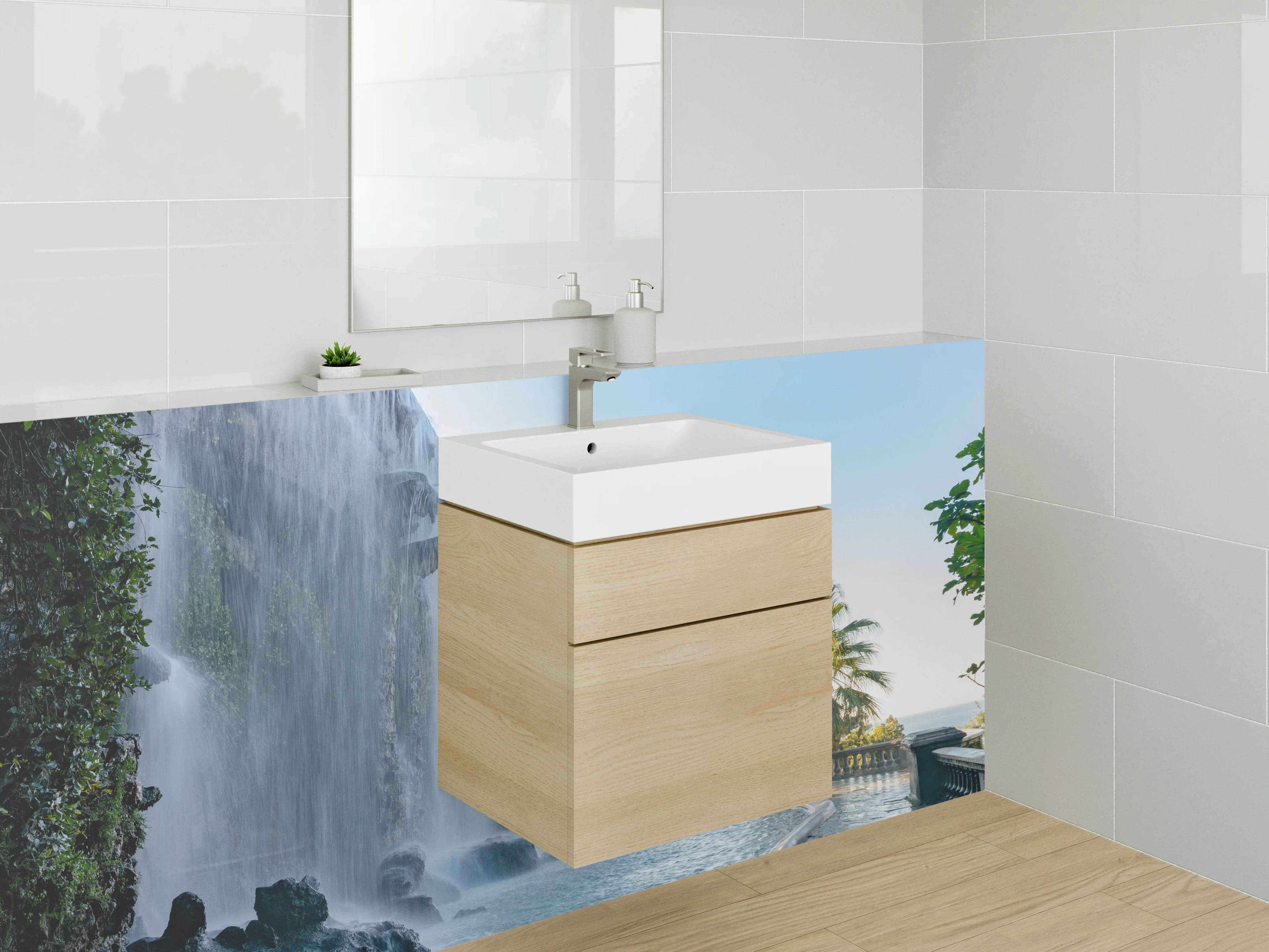 Waschbecken-Rückwand - Beeindruckender Wasserfall an Palmenpromenade