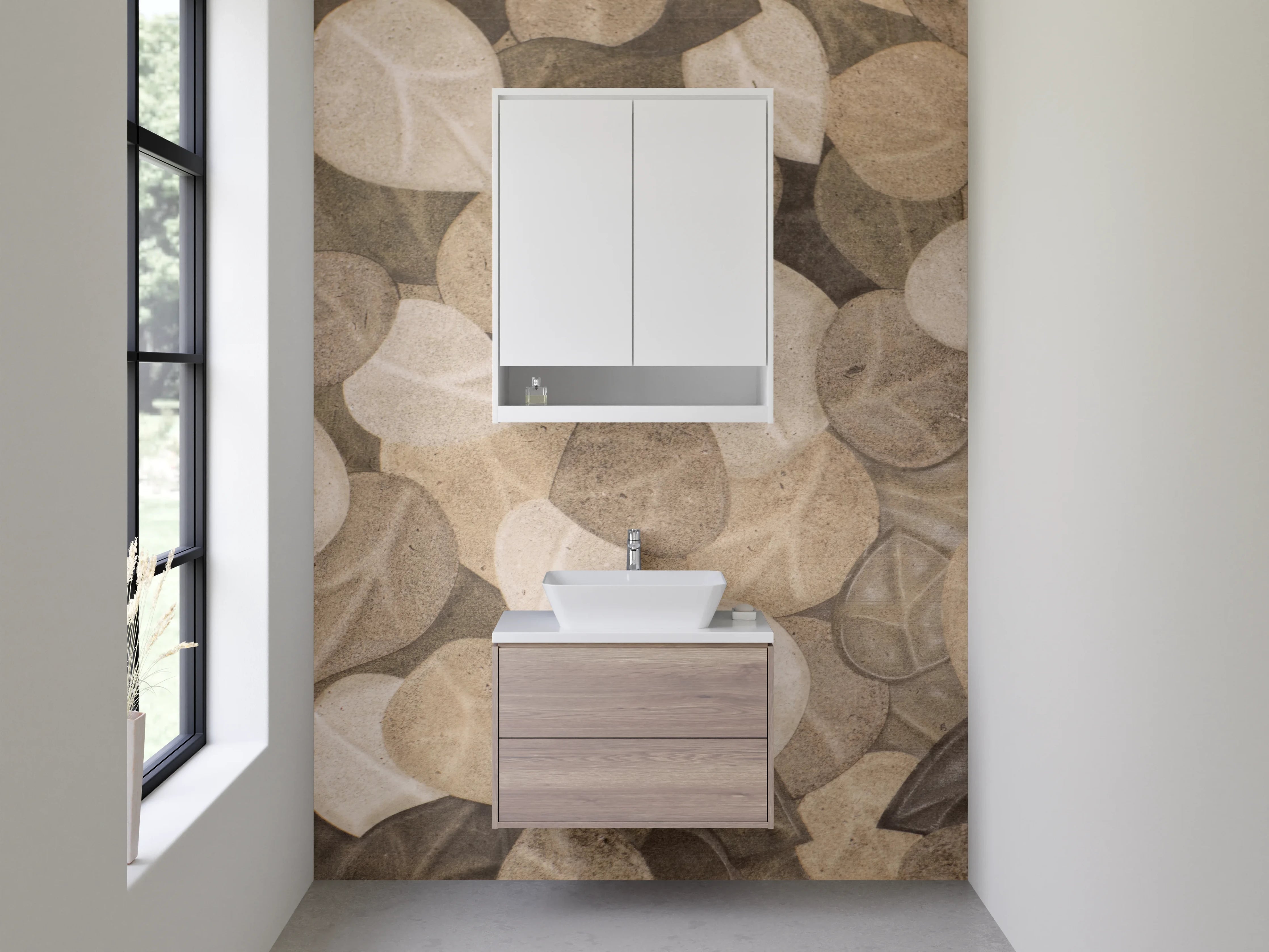 Waschbecken-Rückwand - Beige Blattmuster Naturstein-Optik