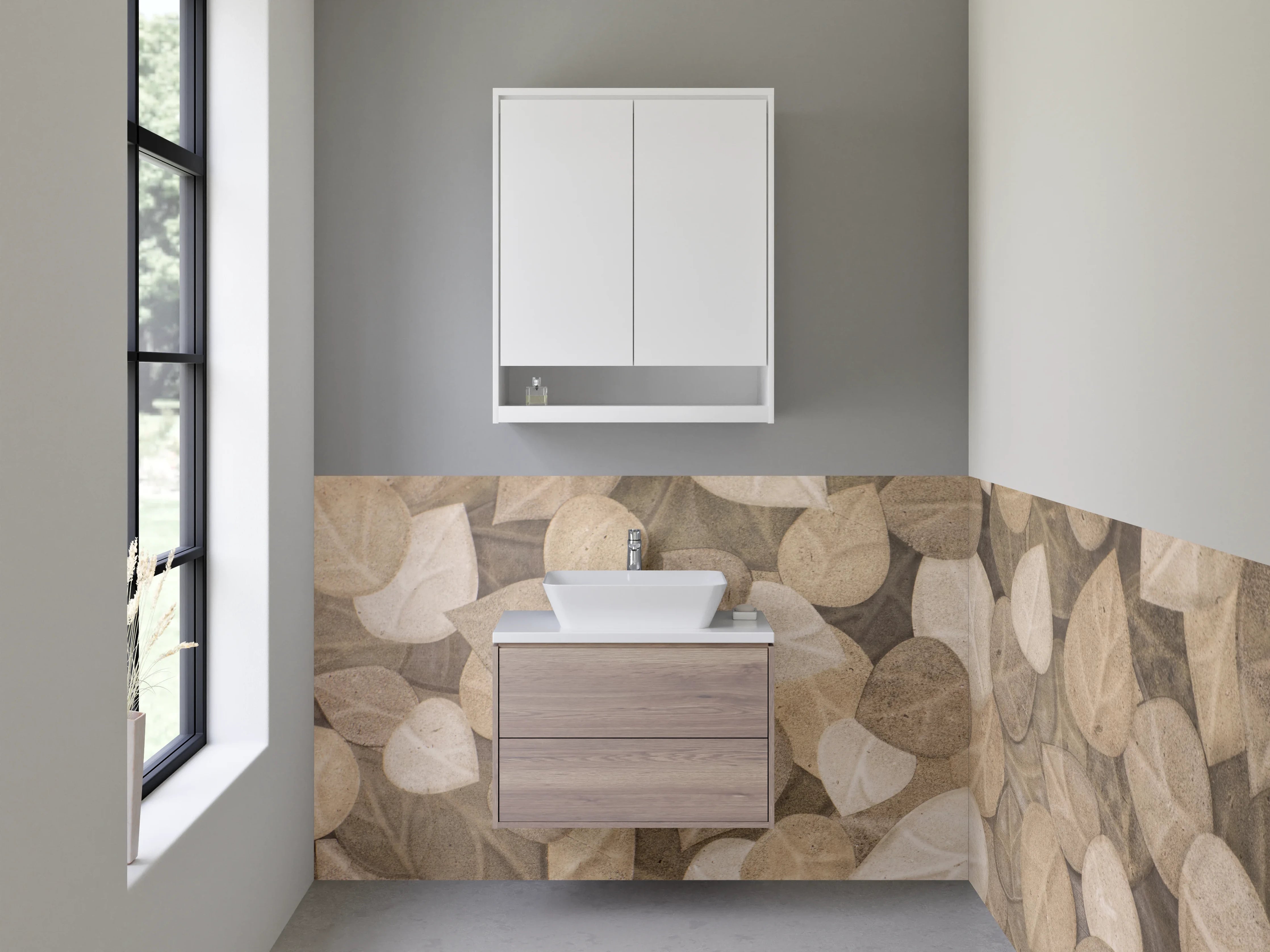 Waschbecken-Rückwand - Beige Blattmuster Naturstein-Optik