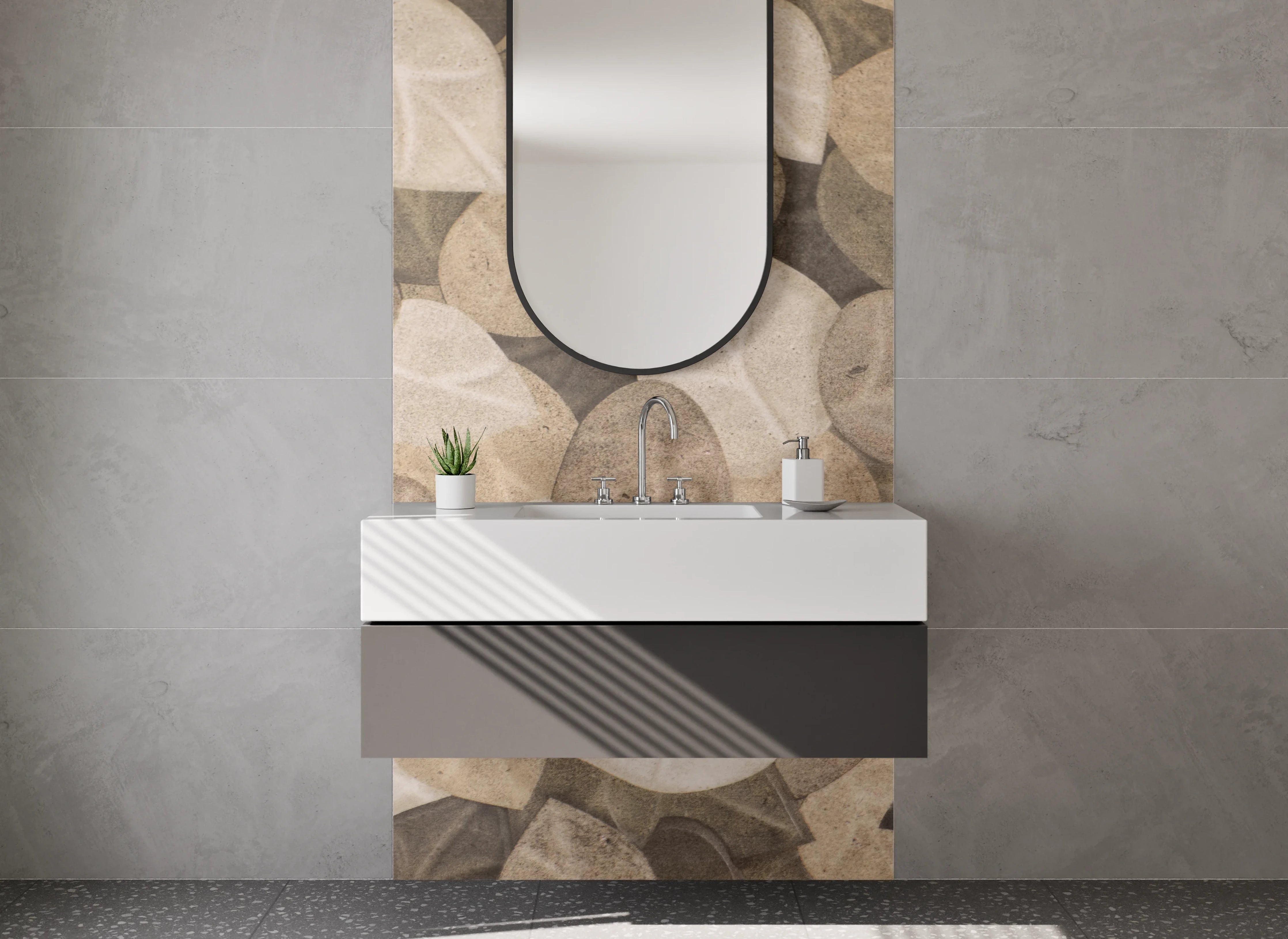 Waschbecken-Rückwand - Beige Blattmuster Naturstein-Optik