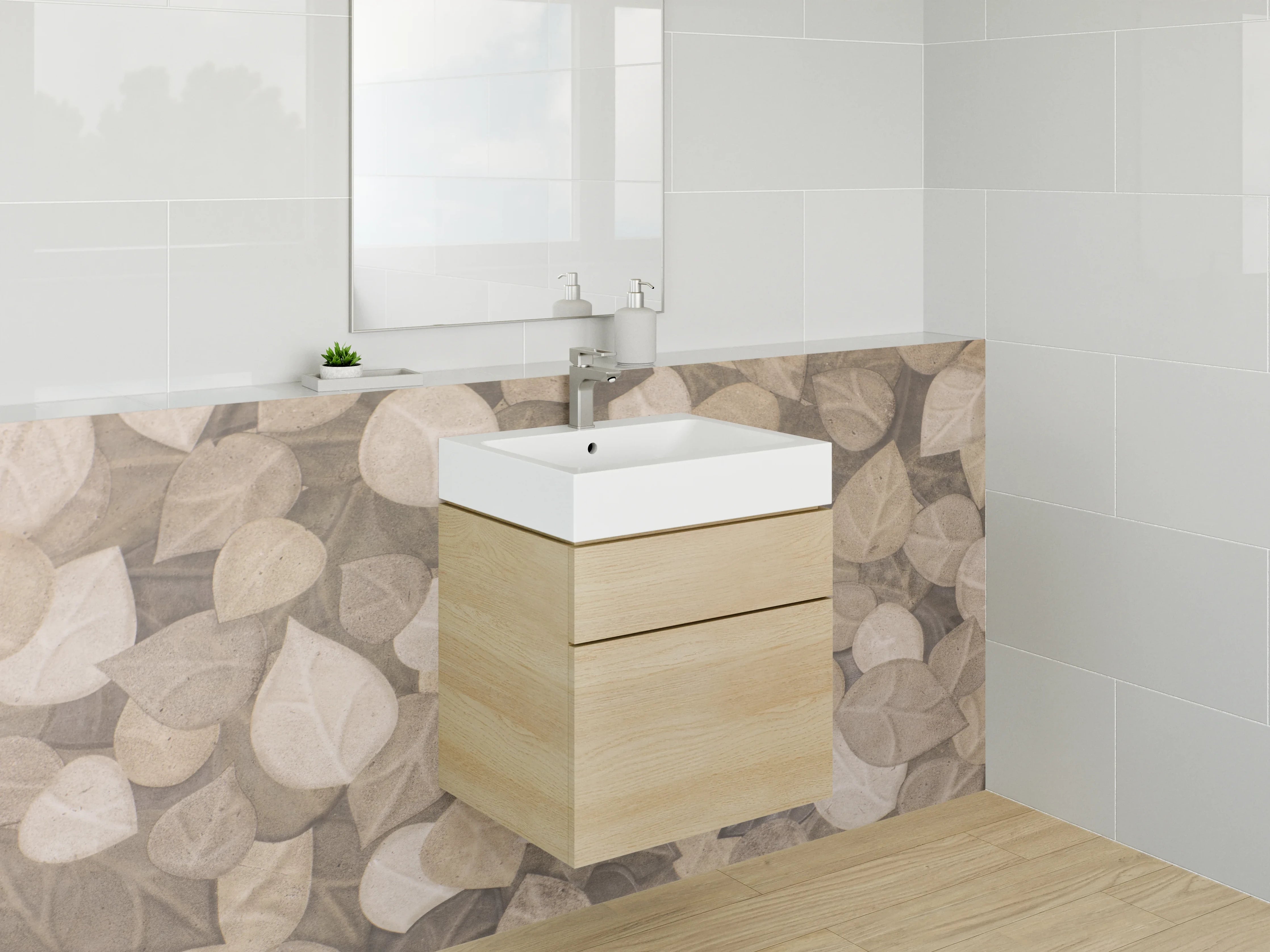 Waschbecken-Rückwand - Beige Blattmuster Naturstein-Optik