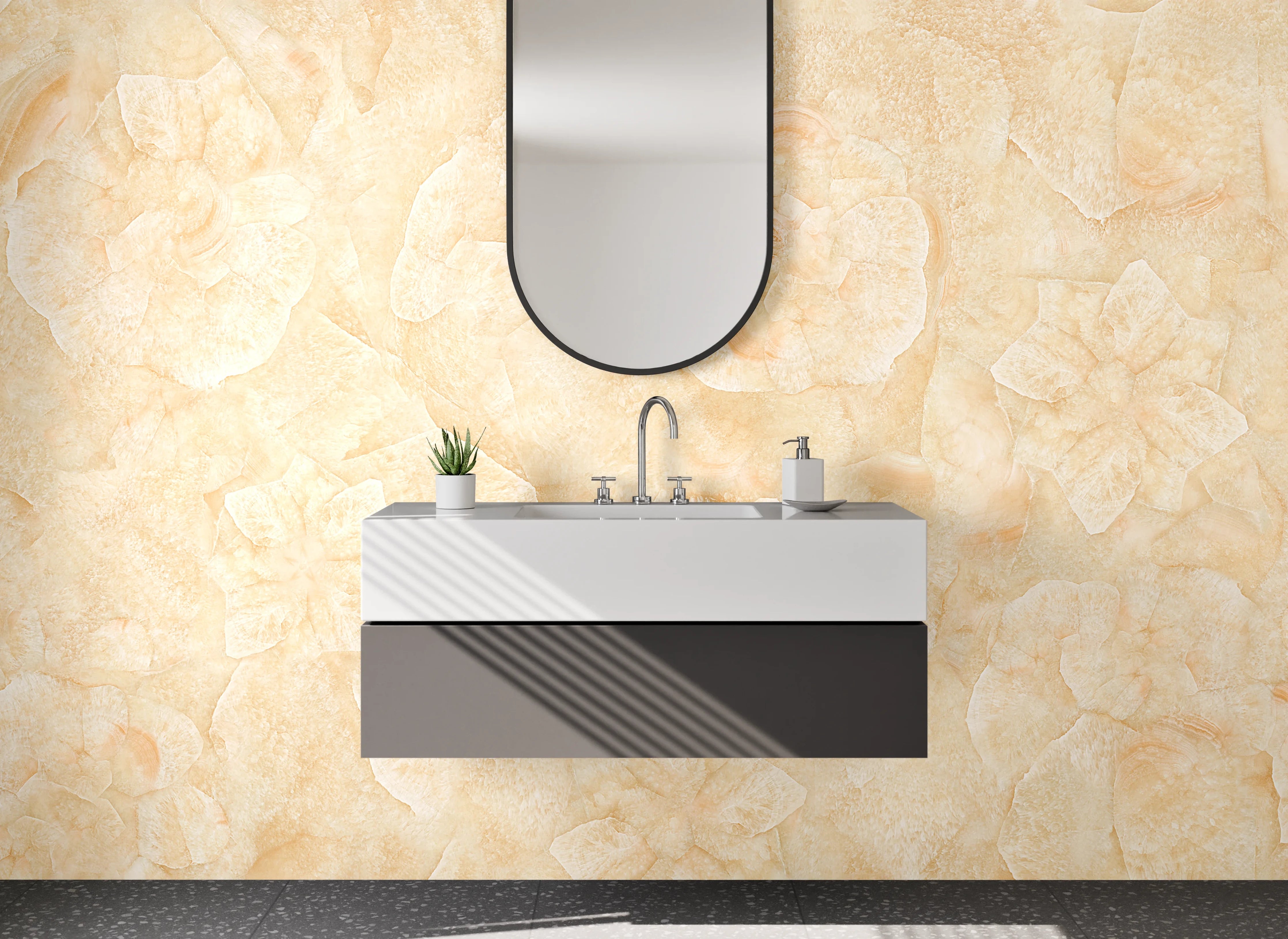Waschbecken-Rückwand - Beige Blüten-Marmor Optik