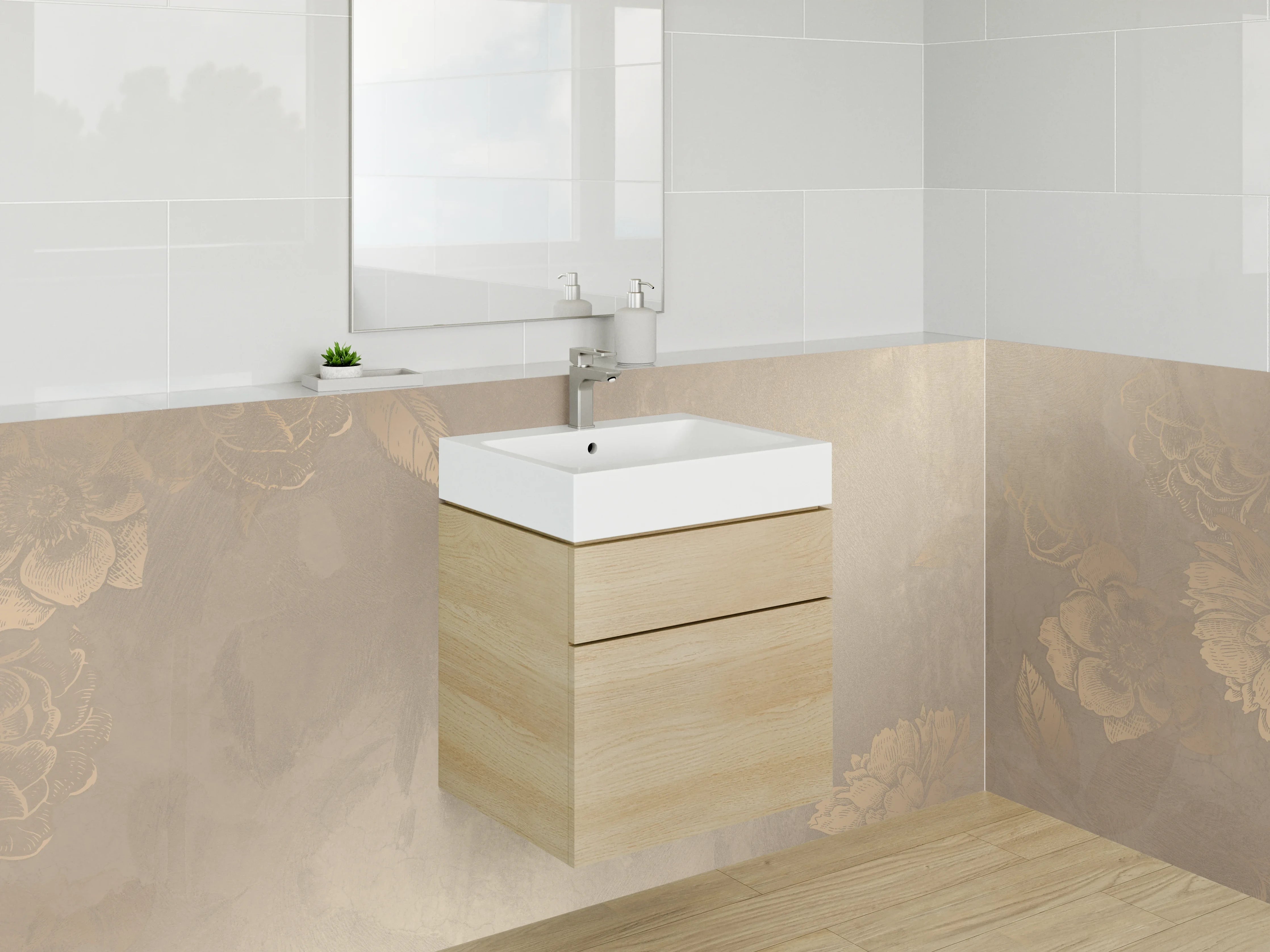Waschbecken-Rückwand - Beige Blumen Vintage-Optik