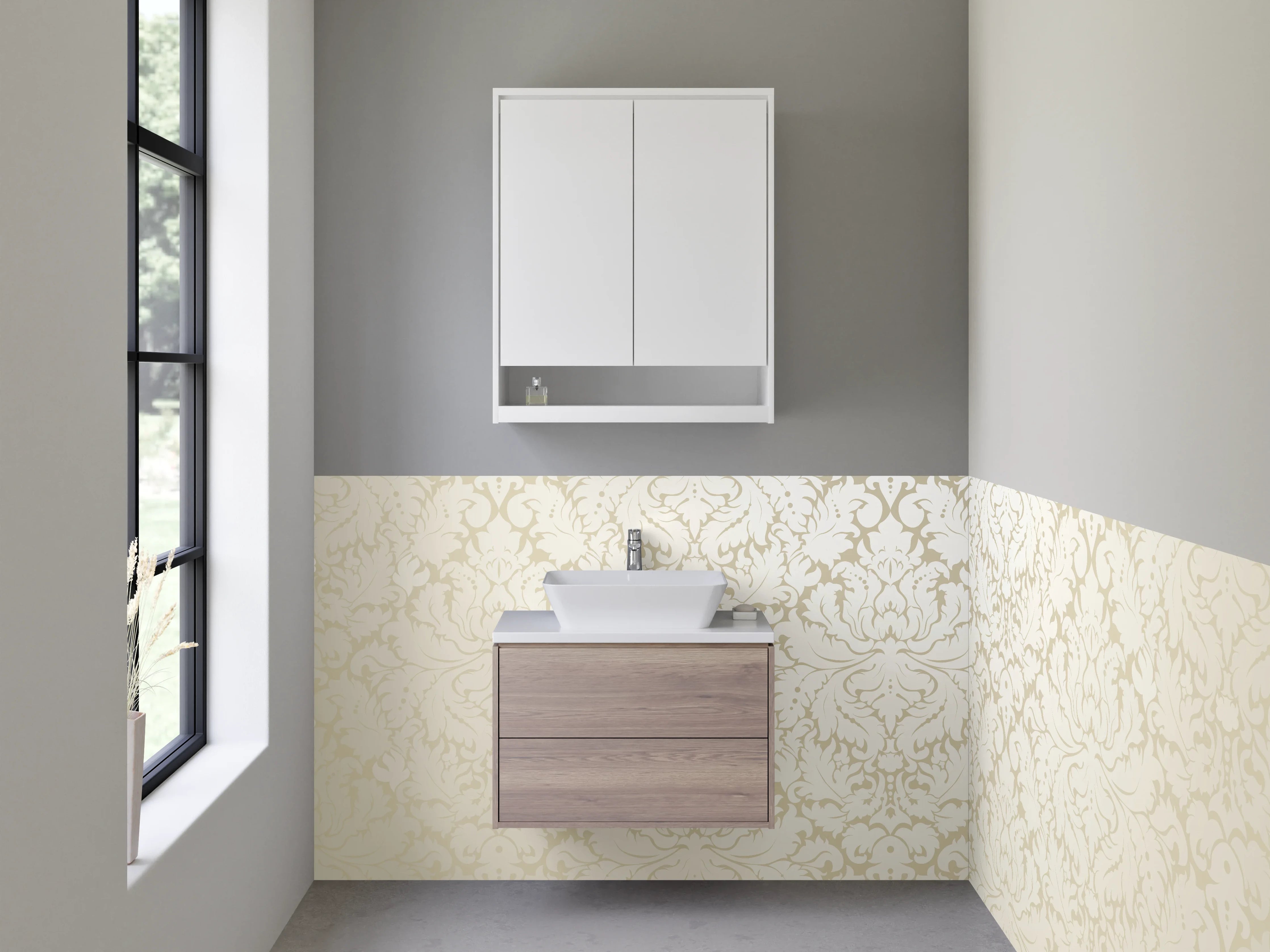 Waschbecken-Rückwand - Beige Damast Muster elegant
