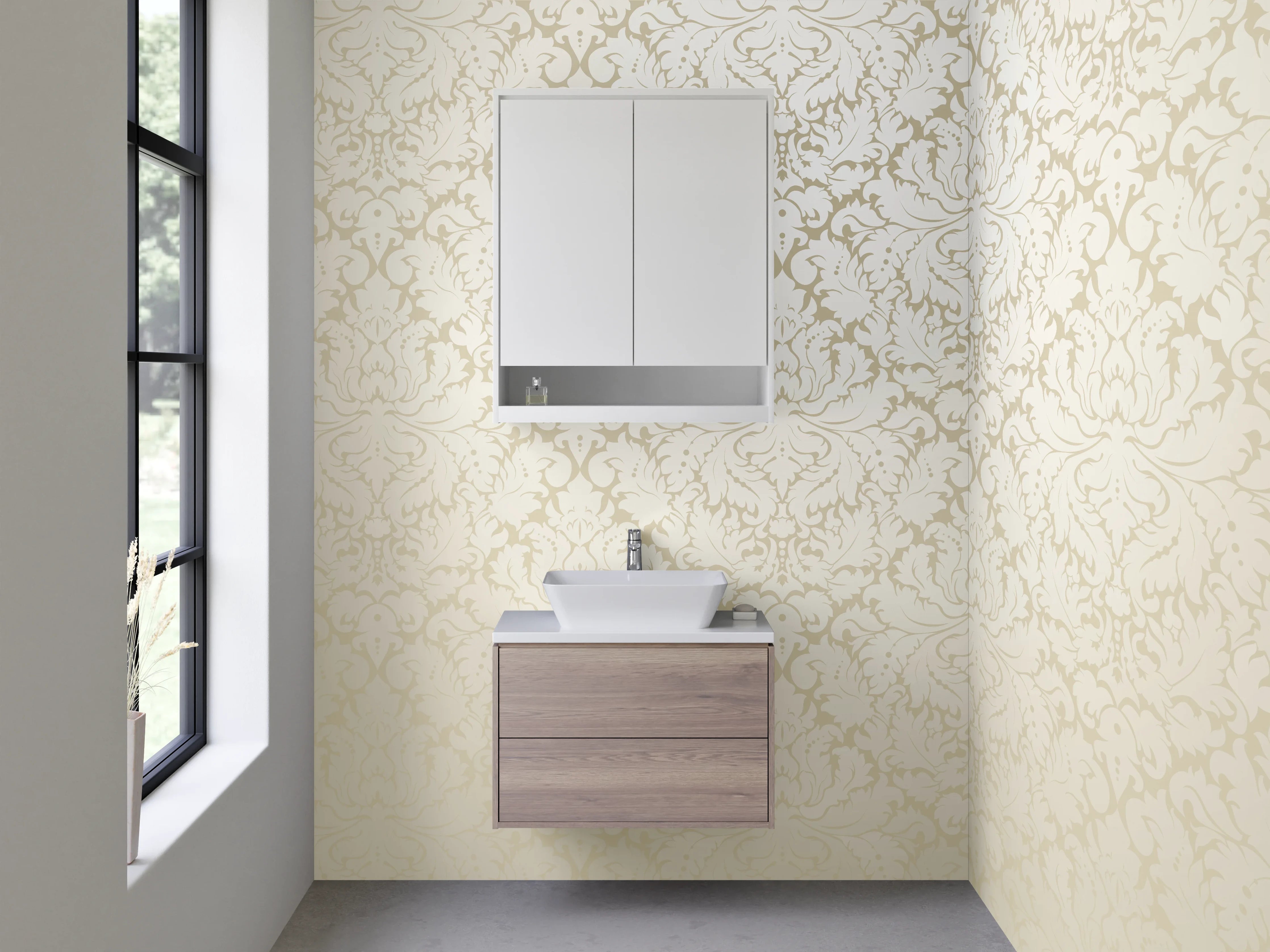 Waschbecken-Rückwand - Beige Damast Muster elegant